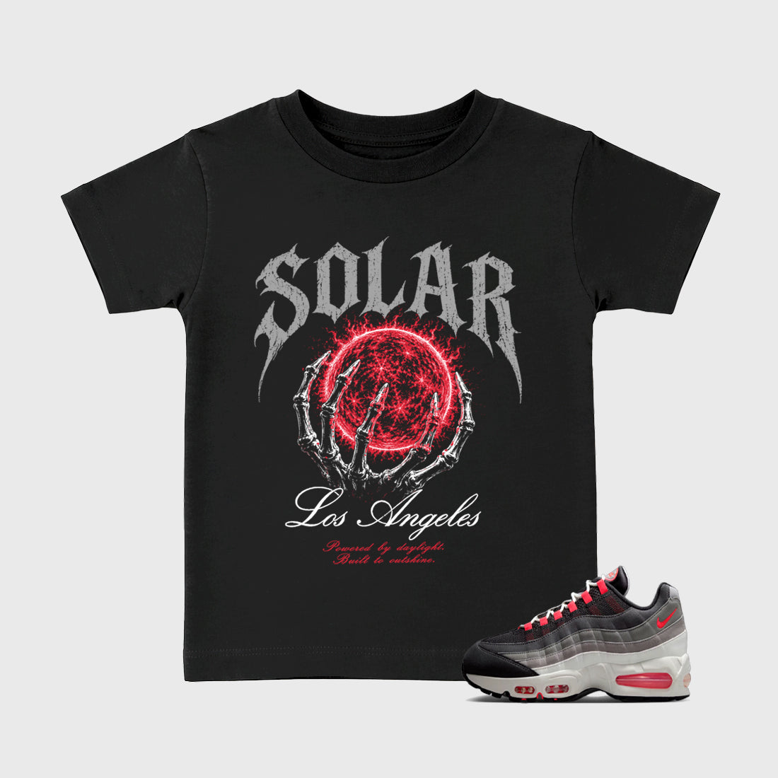 Solar Los Angeles Baby & Kids Graphic T-Shirt featuring original artwork designed to match the Air Max 95 Reverse Solar Red. Black 1 Kids Graphic Tee.