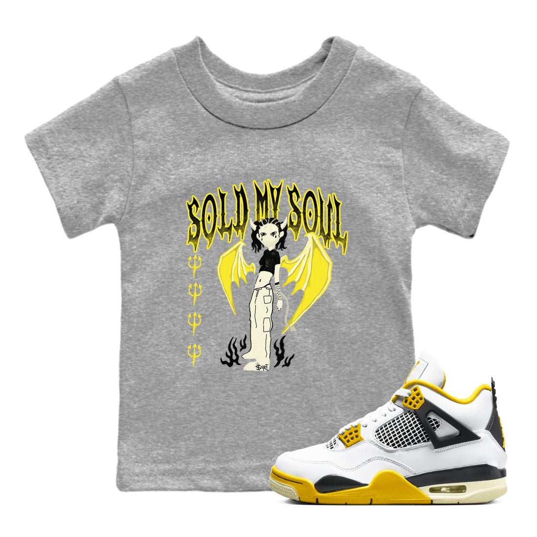 4s Vivid Sulfur shirt to match jordans Sold My Soul sneaker tees Air Jordan 4 Vivid Sulfur SNRT sneaker release tees baby toddler Heather Grey 1 cotton Shirt