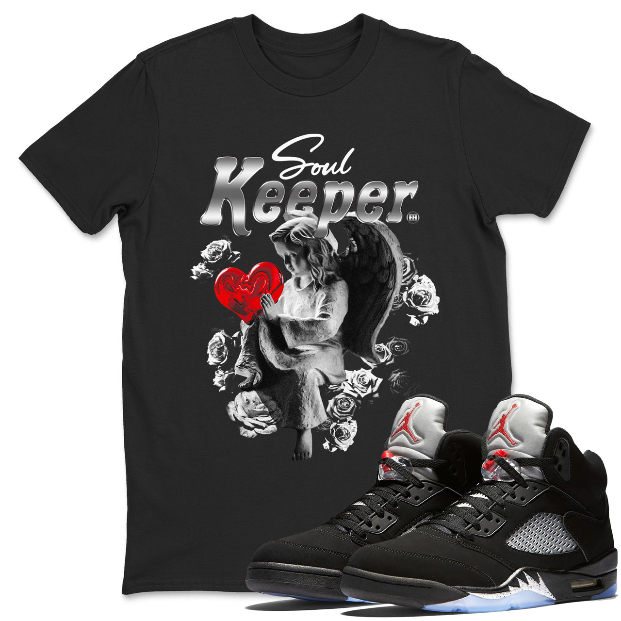 5s Black Metallic Reimagined shirts to match jordans Soul Keeper best t shirts to wear with jordans Air Jordan 5 Retro Black Metallic Reimagined match shoes to clothes SNRT Sneaker Tees unisex cotton Black 1 shirts