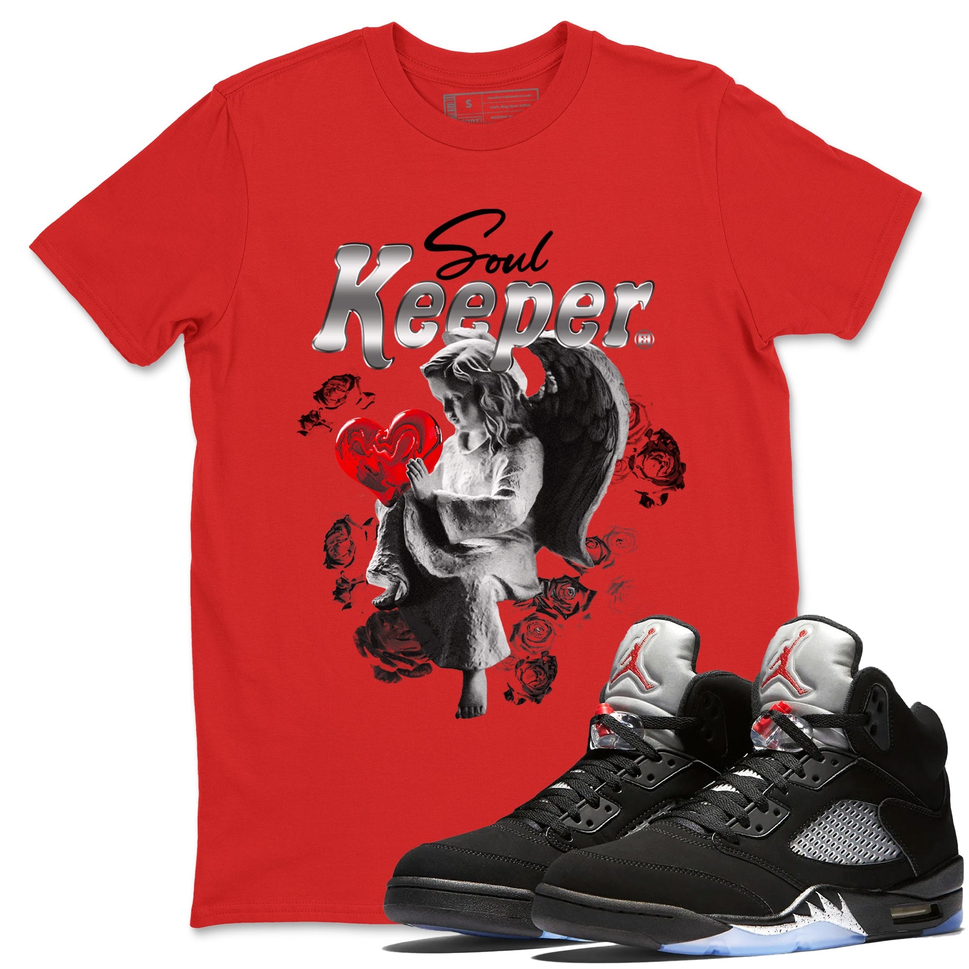 5s Black Metallic Reimagined shirts to match jordans Soul Keeper best t shirts to wear with jordans Air Jordan 5 Retro Black Metallic Reimagined match shoes to clothes SNRT Sneaker Tees unisex cotton Red 1 shirts