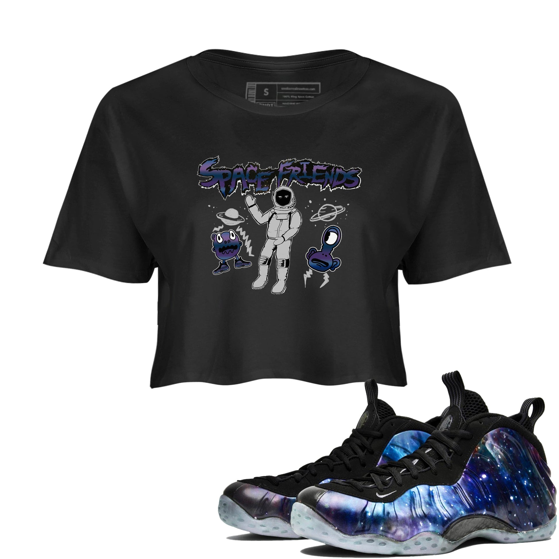 Air Foamposite One Galaxy shirts to match jordans Space Friends sneaker match tees Air Foamposite One Galaxy SNRT Sneaker Release Tees unisex cotton Black 1 Crop Shirts