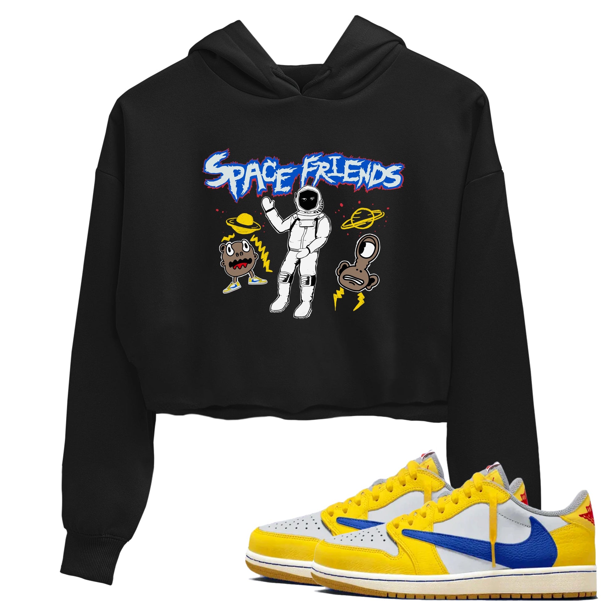 1s Travis Scott Canary shirt to match jordans Space Friends sneaker tees Air Jordan 1 Travis Scott Canary SNRT Sneaker Release Tees Black 1 crop length shirt