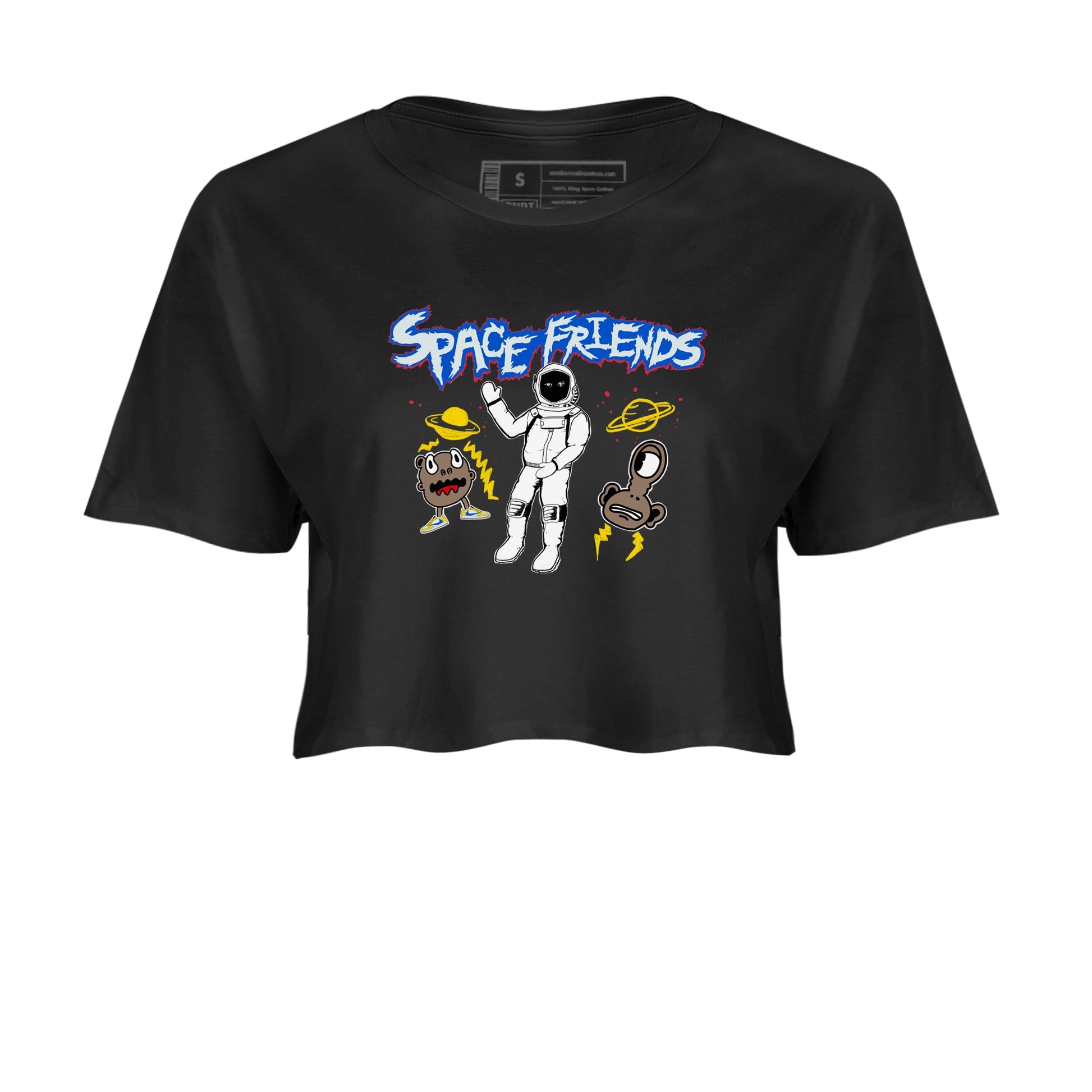 1s Travis Scott Canary shirt to match jordans Space Friends sneaker tees Air Jordan 1 Travis Scott Canary SNRT Sneaker Release Tees Black 2 crop length shirt
