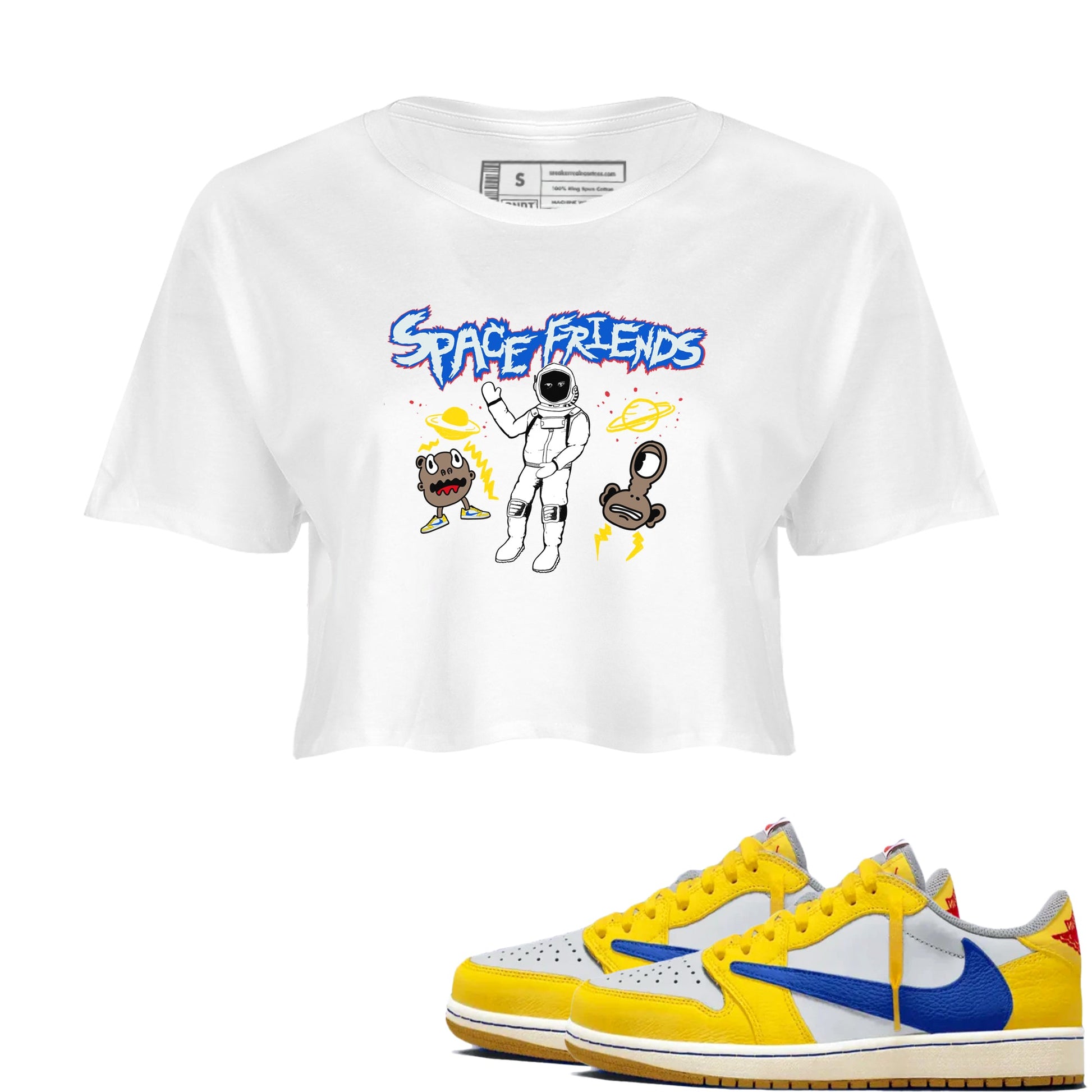 1s Travis Scott Canary shirt to match jordans Space Friends sneaker tees Air Jordan 1 Travis Scott Canary SNRT Sneaker Release Tees White 1 crop length shirt