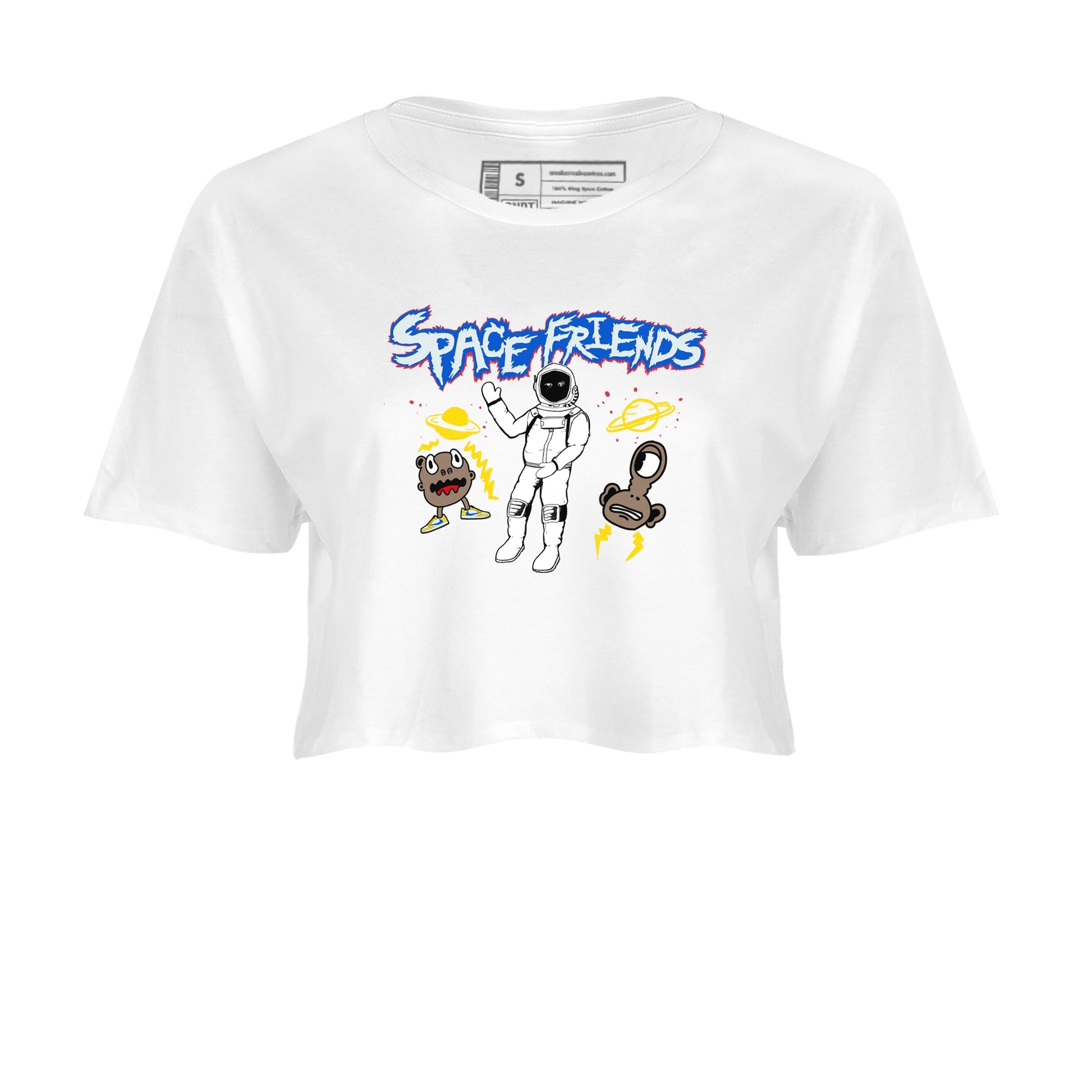 1s Travis Scott Canary shirt to match jordans Space Friends sneaker tees Air Jordan 1 Travis Scott Canary SNRT Sneaker Release Tees White 2 crop length shirt