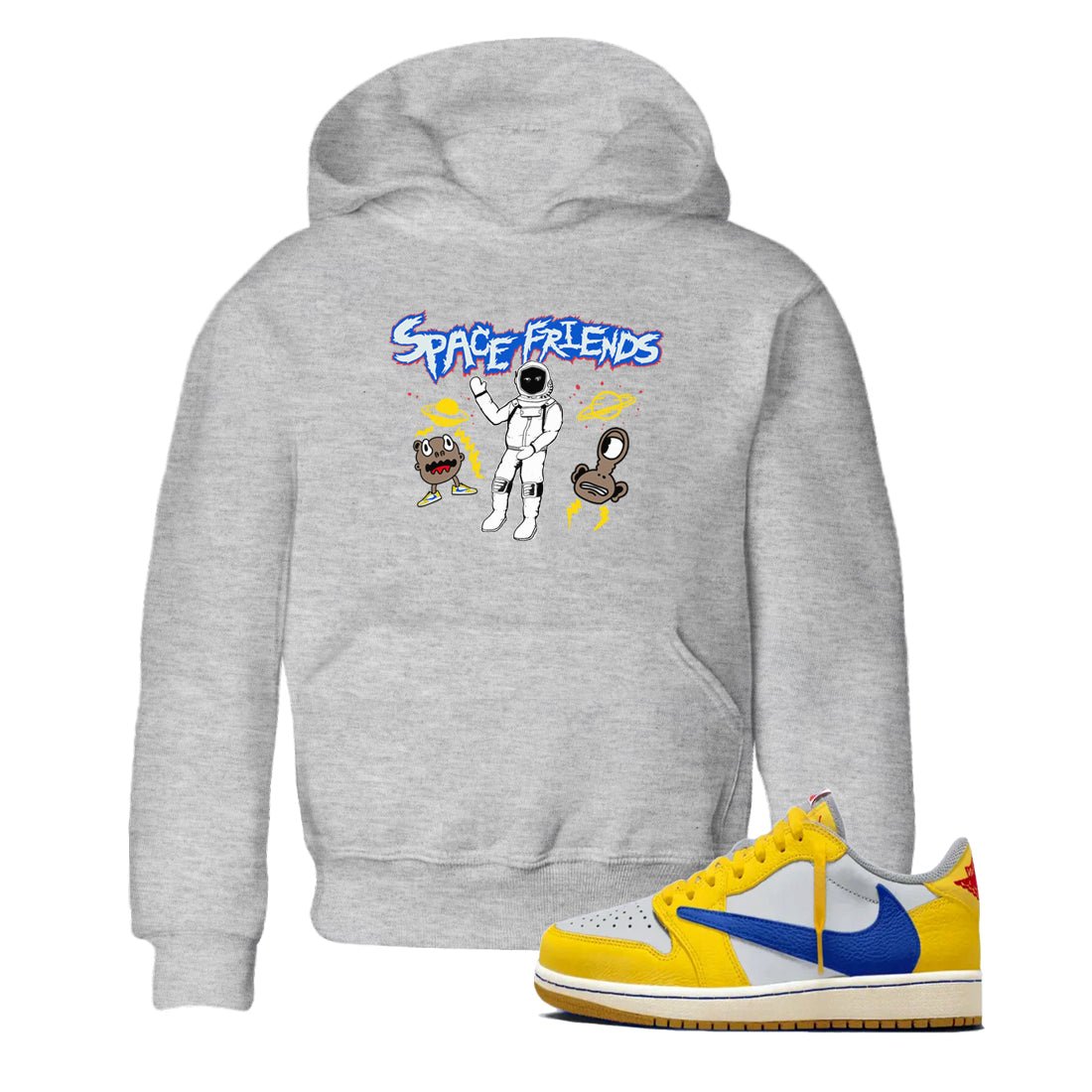 1s Travis Scott Canary shirt to match jordans Space Friends sneaker tees Air Jordan 1 Travis Scott Canary SNRT sneaker release tees baby toddler Heather Grey 1 cotton Shirt