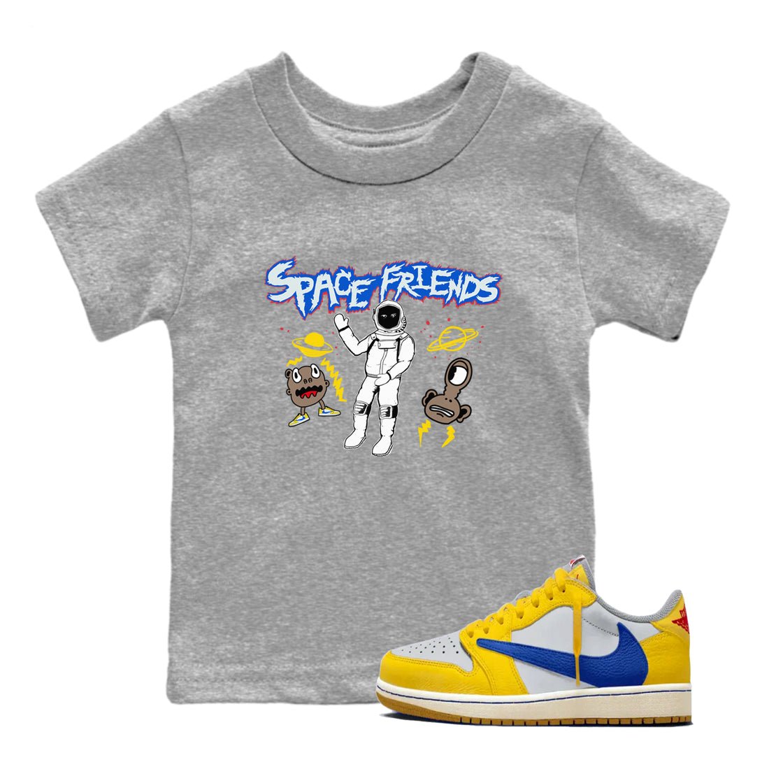 1s Travis Scott Canary shirt to match jordans Space Friends sneaker tees Air Jordan 1 Travis Scott Canary SNRT sneaker release tees baby toddler Heather Grey 1 cotton Shirt