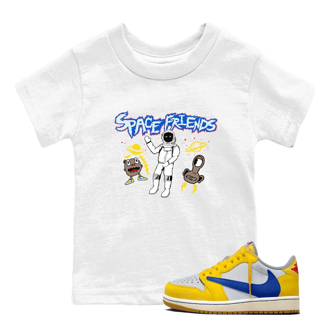1s Travis Scott Canary shirt to match jordans Space Friends sneaker tees Air Jordan 1 Travis Scott Canary SNRT sneaker release tees baby toddler White 1 cotton Shirt