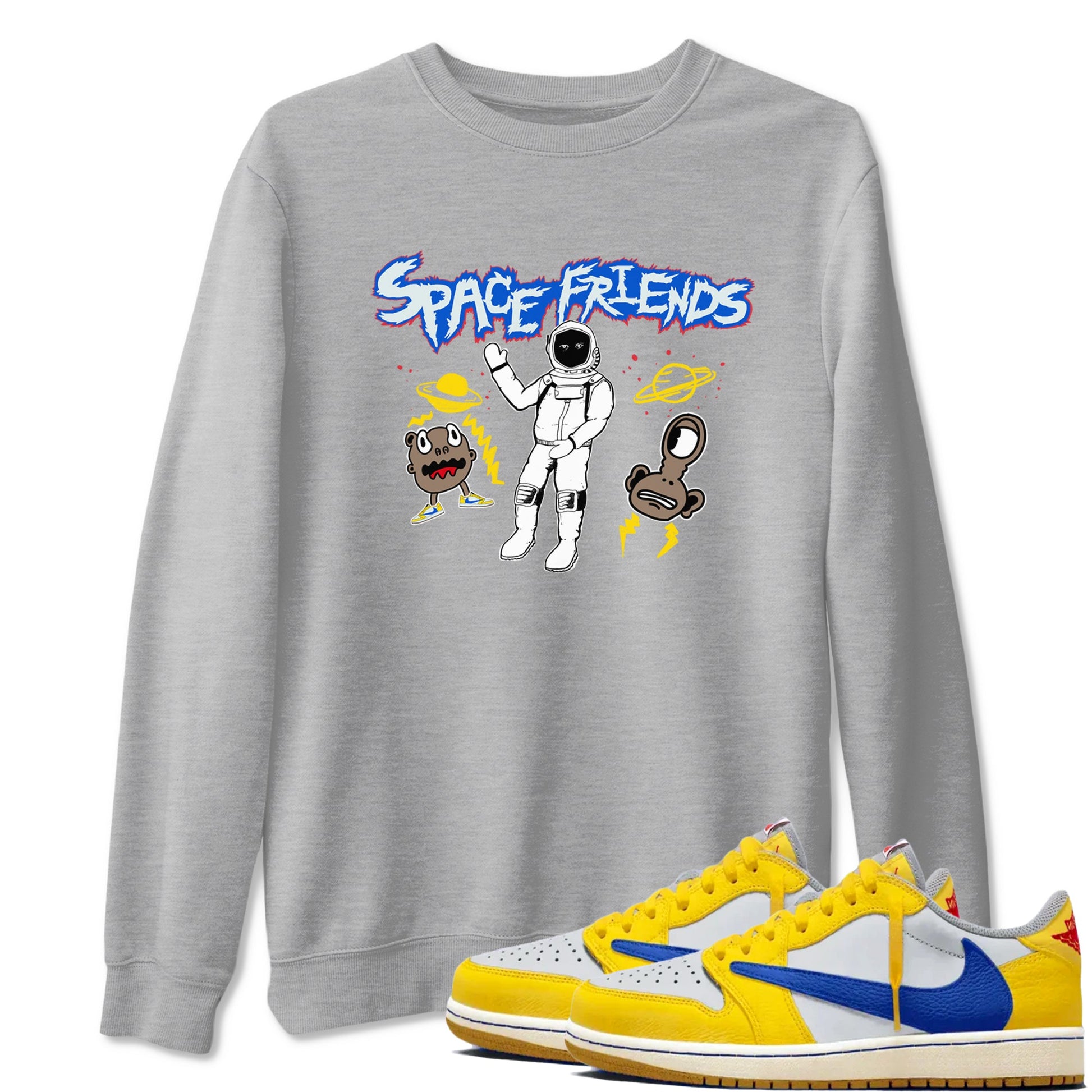 1s Travis Scott Canary shirt to match jordans Space Friends sneaker tees Air Jordan 1 Travis Scott Canary SNRT Sneaker Release Tees unisex cotton Heather Grey 1 crew neck shirt