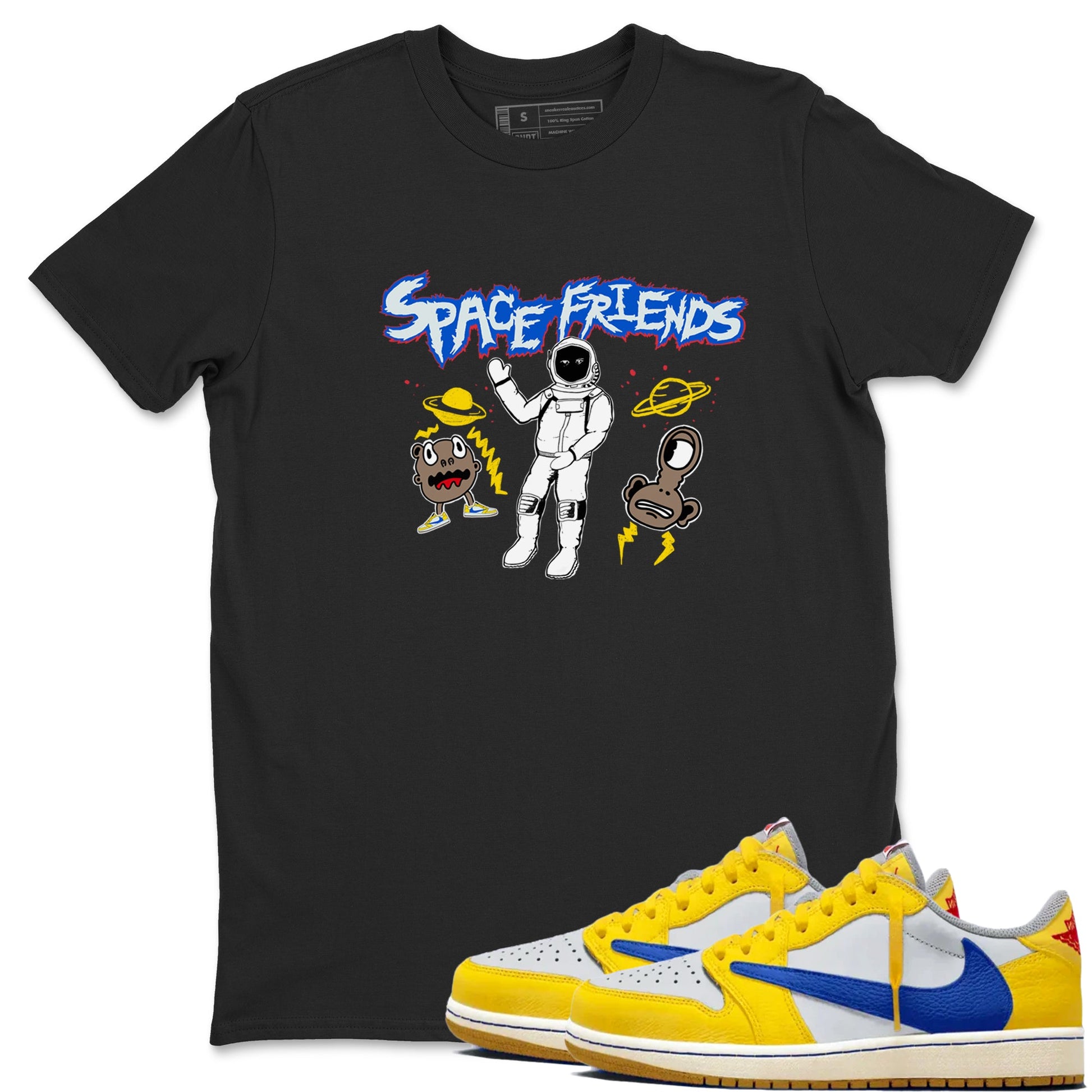 1s Travis Scott Canary shirt to match jordans Space Friends sneaker tees Air Jordan 1 Travis Scott Canary SNRT Sneaker Release Tees unisex cotton Black 1 crew neck shirt