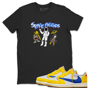 1s Travis Scott Canary shirt to match jordans Space Friends sneaker tees Air Jordan 1 Travis Scott Canary SNRT Sneaker Release Tees unisex cotton Black 1 crew neck shirt