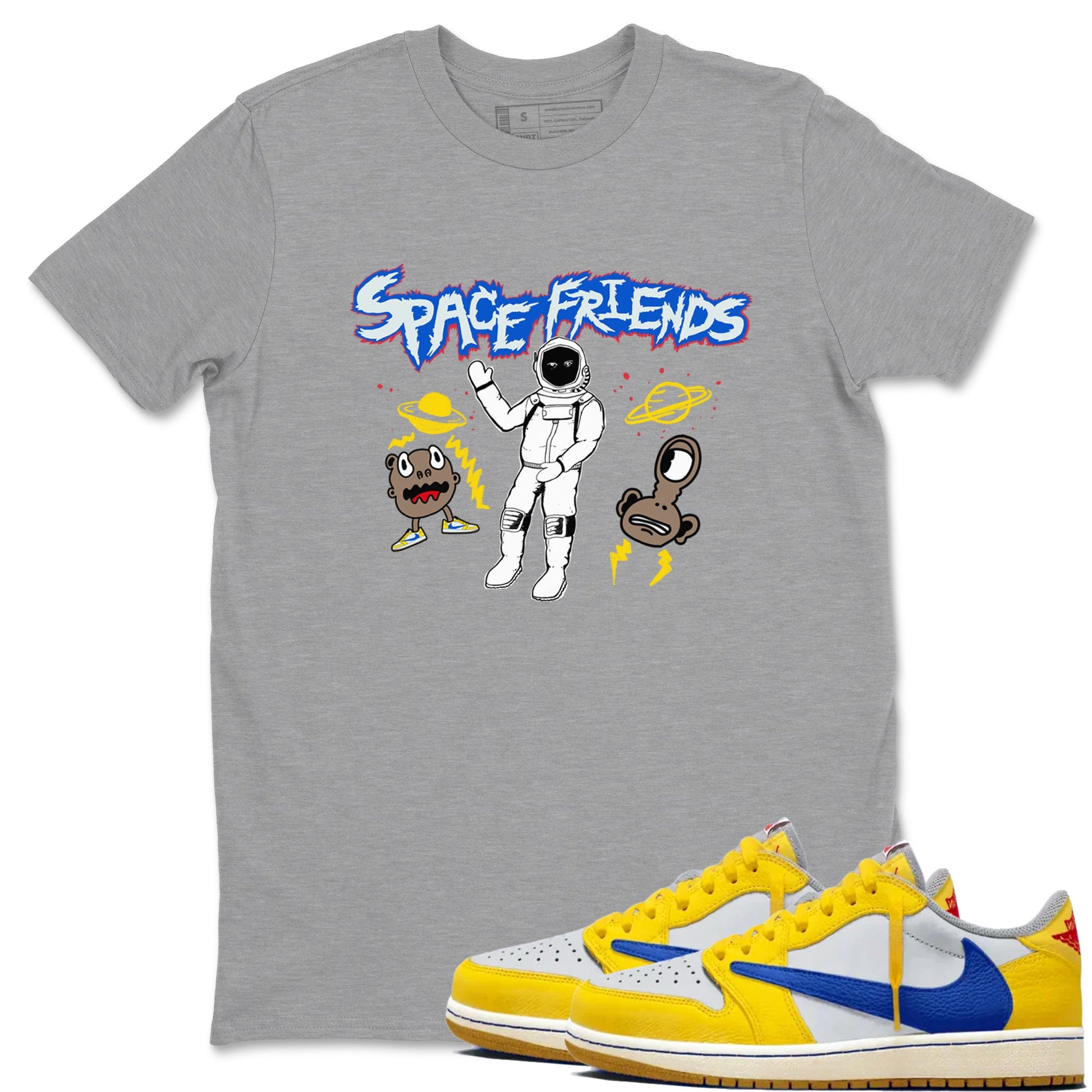 1s Travis Scott Canary shirt to match jordans Space Friends sneaker tees Air Jordan 1 Travis Scott Canary SNRT Sneaker Release Tees unisex cotton Heather Grey 1 crew neck shirt