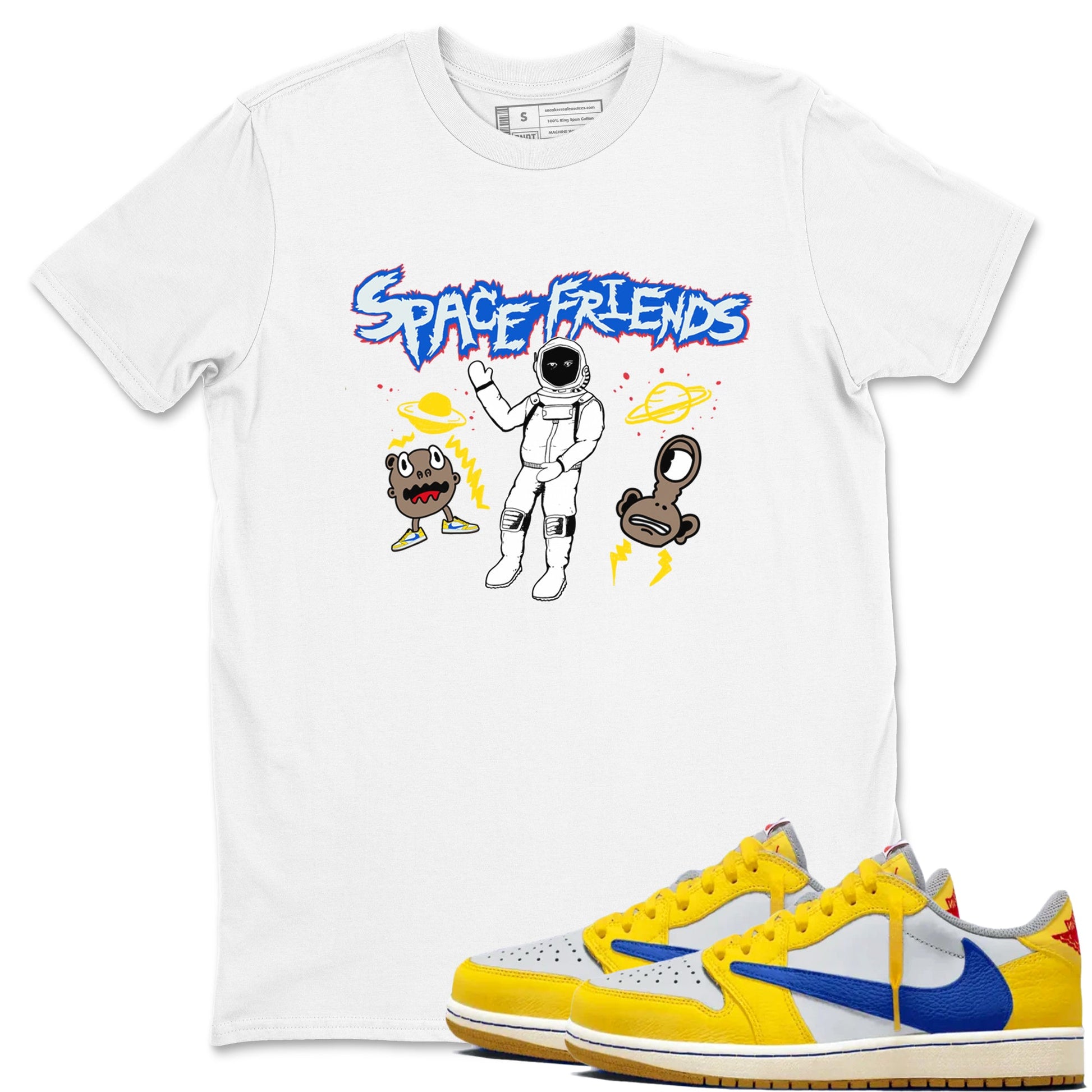 1s Travis Scott Canary shirt to match jordans Space Friends sneaker tees Air Jordan 1 Travis Scott Canary SNRT Sneaker Release Tees unisex cotton White 1 crew neck shirt