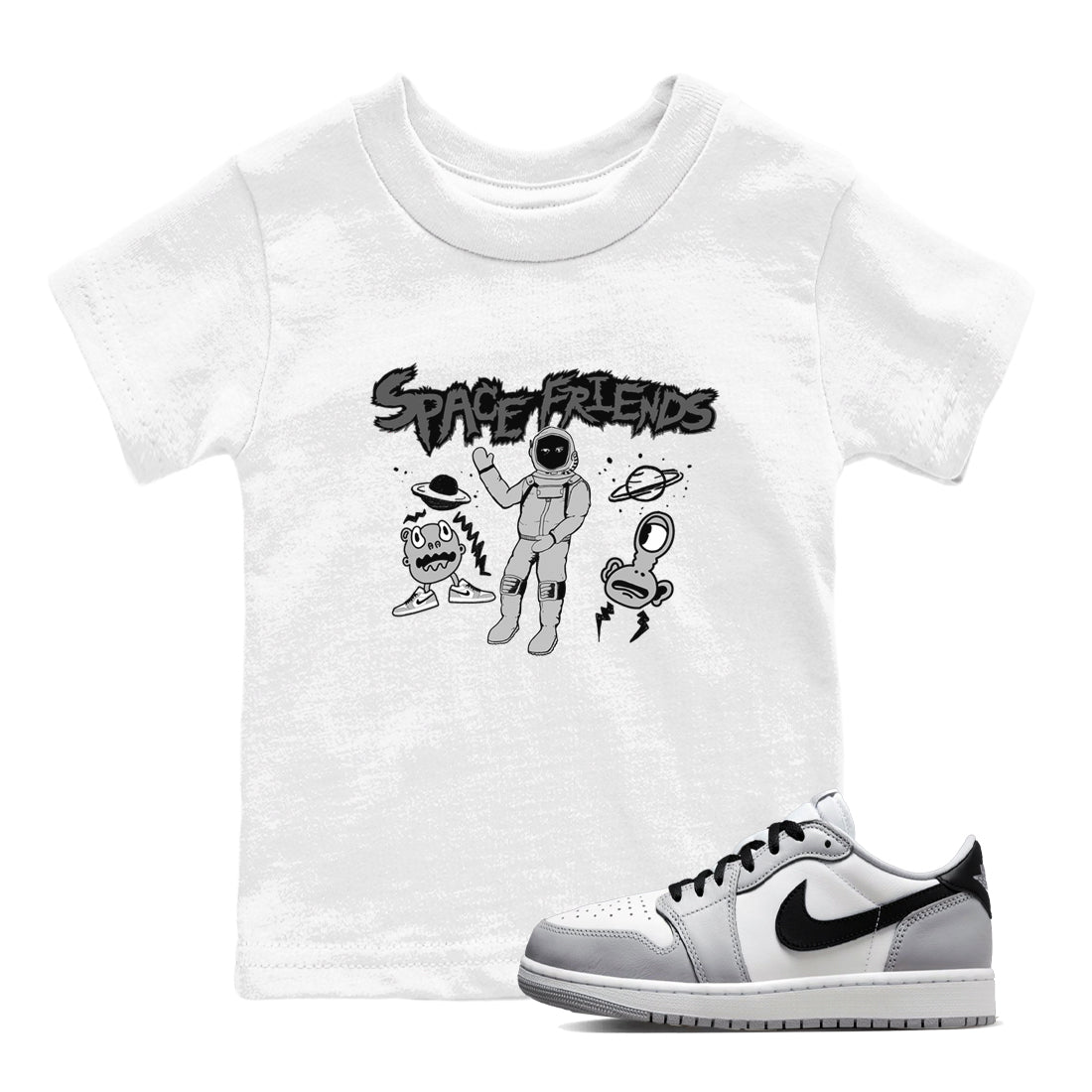 1s Wolf Grey shirts to match jordans Space Friends sneaker match tees Air Jordan 1 Wolf Grey SNRT Sneaker Tees streetwear brand Baby and Youth White 1 cotton tee