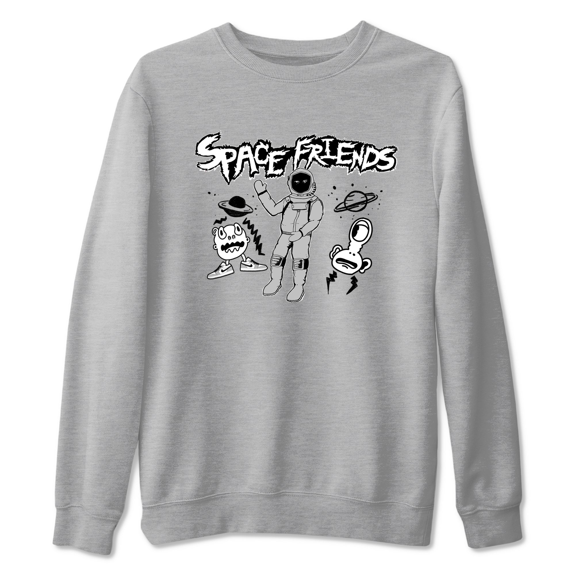 1s Wolf Grey shirts to match jordans Space Friends sneaker match tees Air Jordan 1 Wolf Grey SNRT Sneaker Tees streetwear brand Heather Grey 2 unisex cotton tee