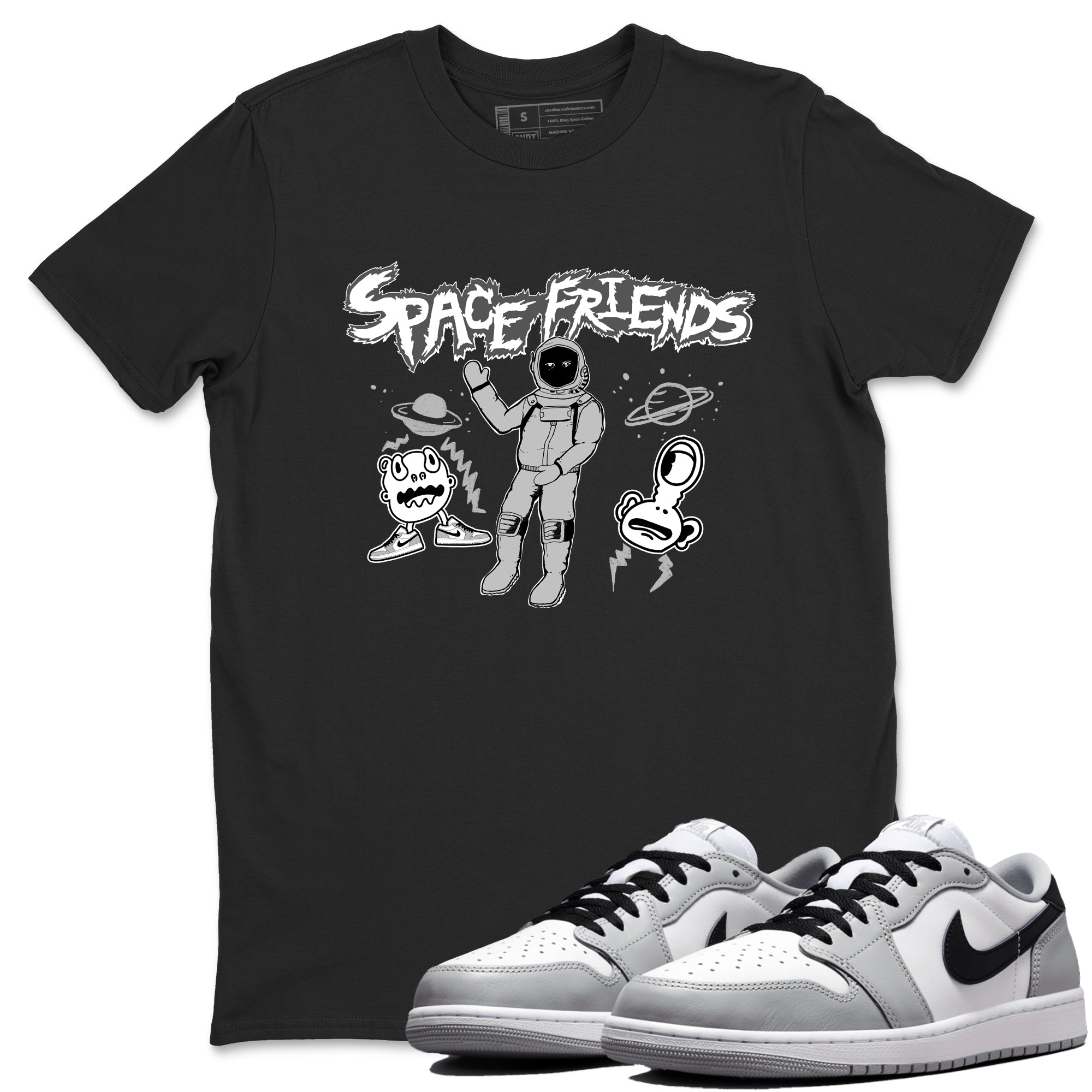 1s Wolf Grey shirts to match jordans Space Friends sneaker match tees Air Jordan 1 Wolf Grey SNRT Sneaker Tees streetwear brand Black 1 unisex cotton tee