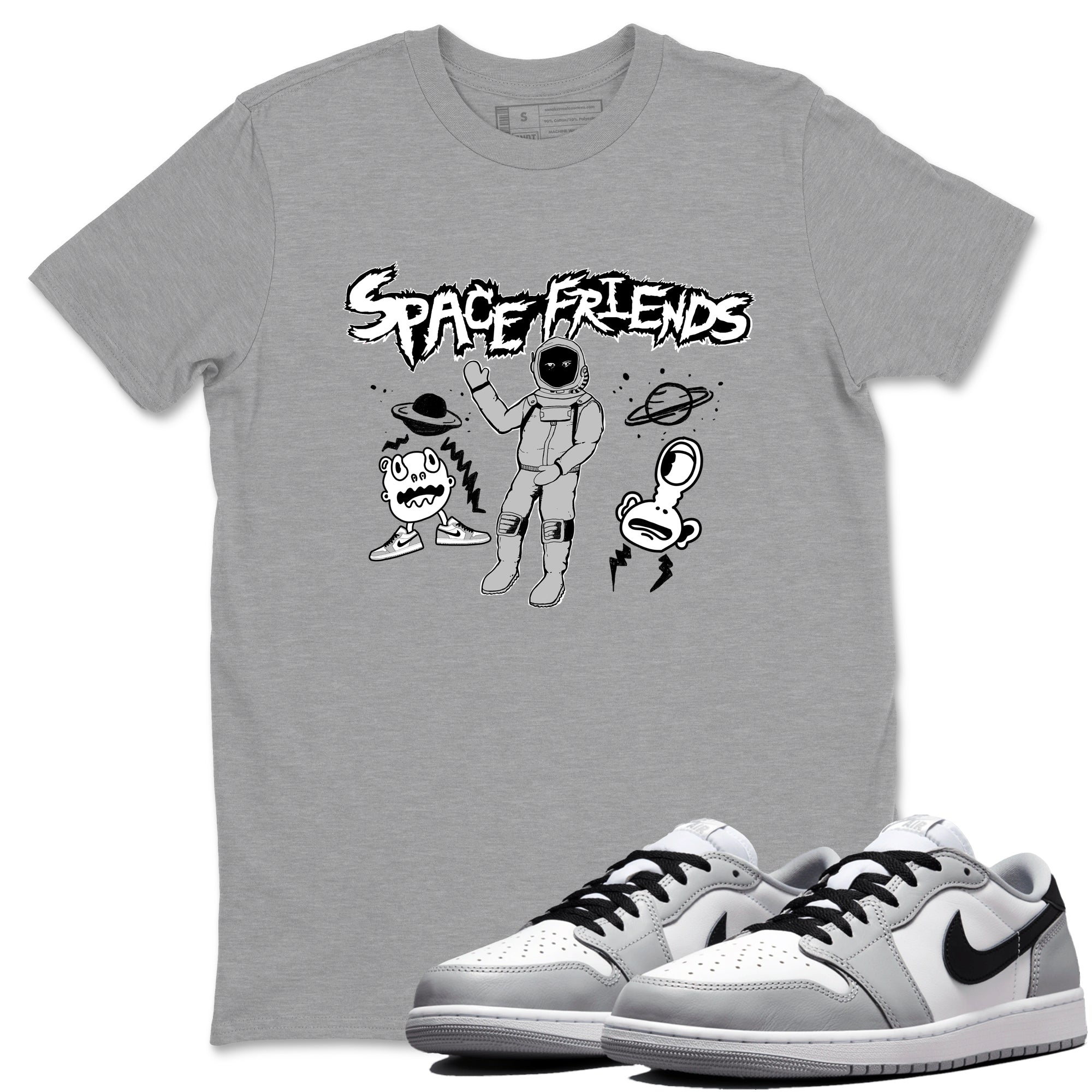 1s Wolf Grey shirts to match jordans Space Friends sneaker match tees Air Jordan 1 Wolf Grey SNRT Sneaker Tees streetwear brand Heather Grey 1 unisex cotton tee
