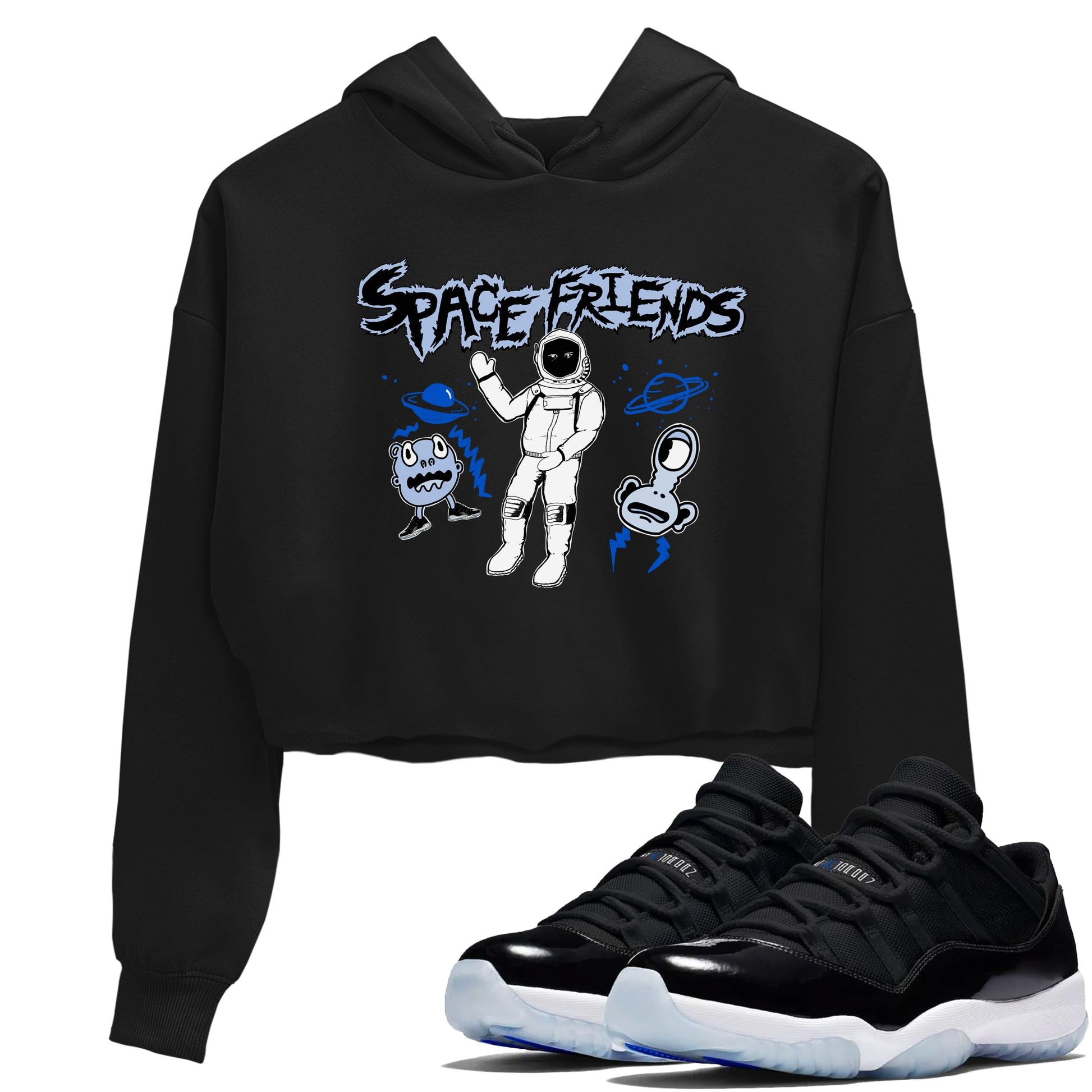 11s Black and Varsity Royal Jam shirt to match jordans Space Friends sneaker tees Air Jordan 11 Retro Space Jam Streetwear Brand Streetwear Brand SNRT Sneaker Release Tees Black 1 crop length shirt