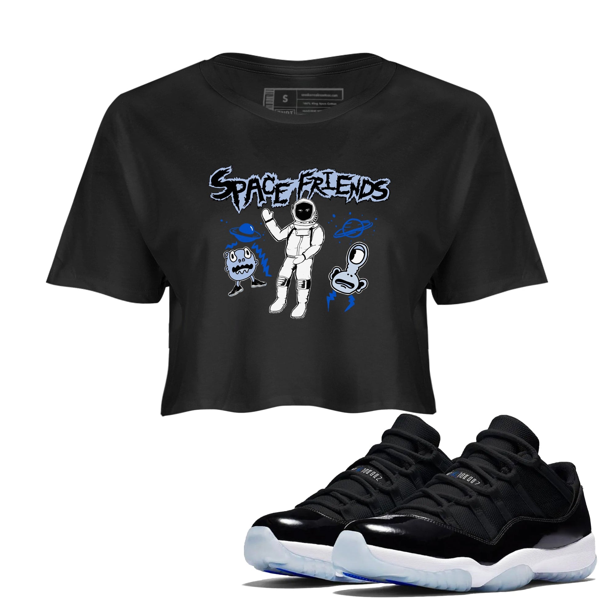 11s Black and Varsity Royal Jam shirt to match jordans Space Friends sneaker tees Air Jordan 11 Retro Space Jam Streetwear Brand Streetwear Brand SNRT Sneaker Release Tees Black 1 crop length shirt