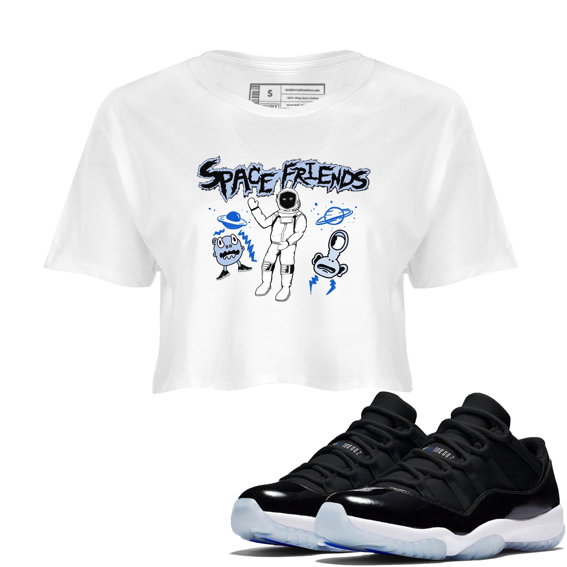 11s Black and Varsity Royal Jam shirt to match jordans Space Friends sneaker tees Air Jordan 11 Retro Space Jam Streetwear Brand SNRT Sneaker Release Tees White 1 crop length shirt