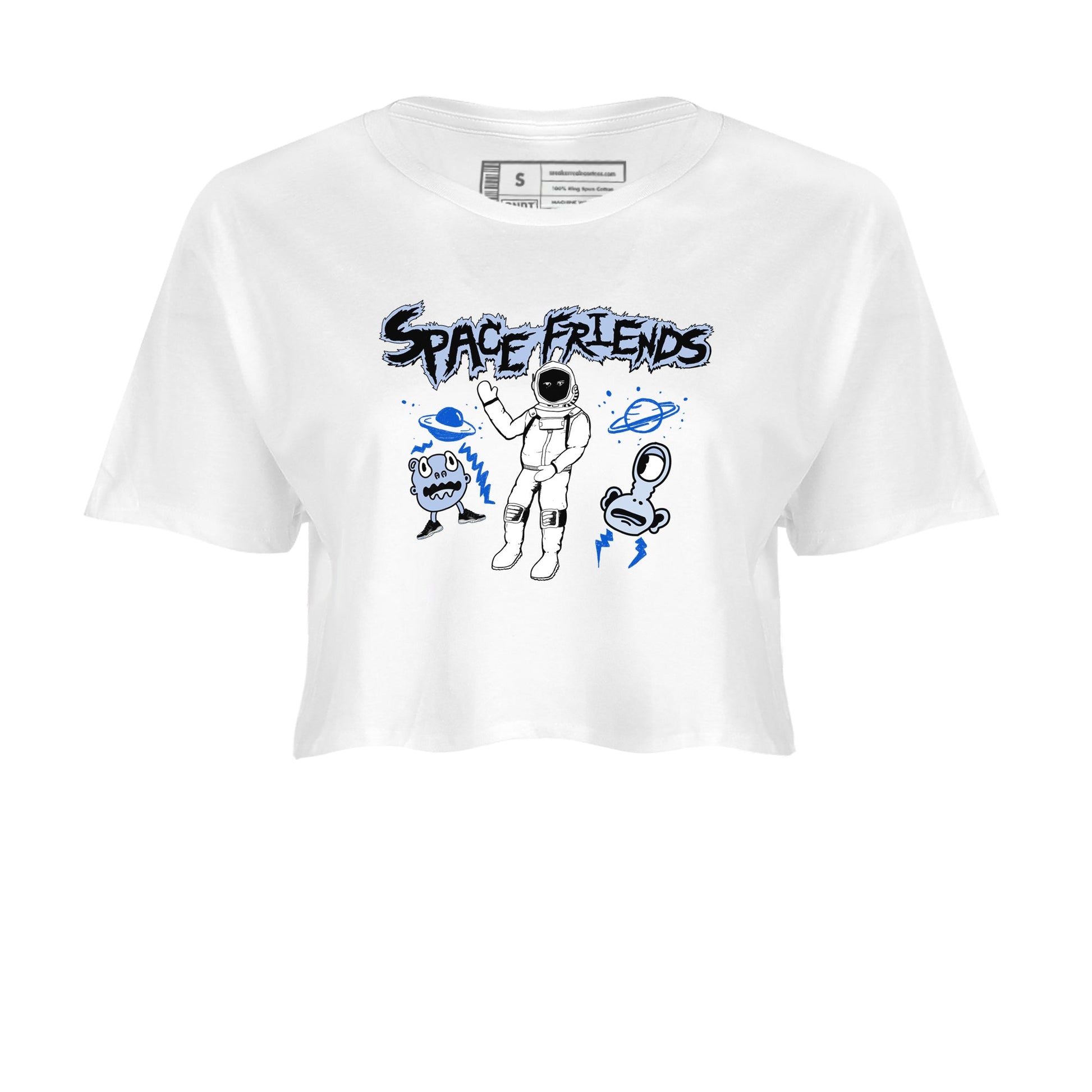 11s Black and Varsity Royal Jam shirt to match jordans Space Friends sneaker tees Air Jordan 11 Retro Space Jam Streetwear Brand SNRT Sneaker Release Tees White 2 crop length shirt