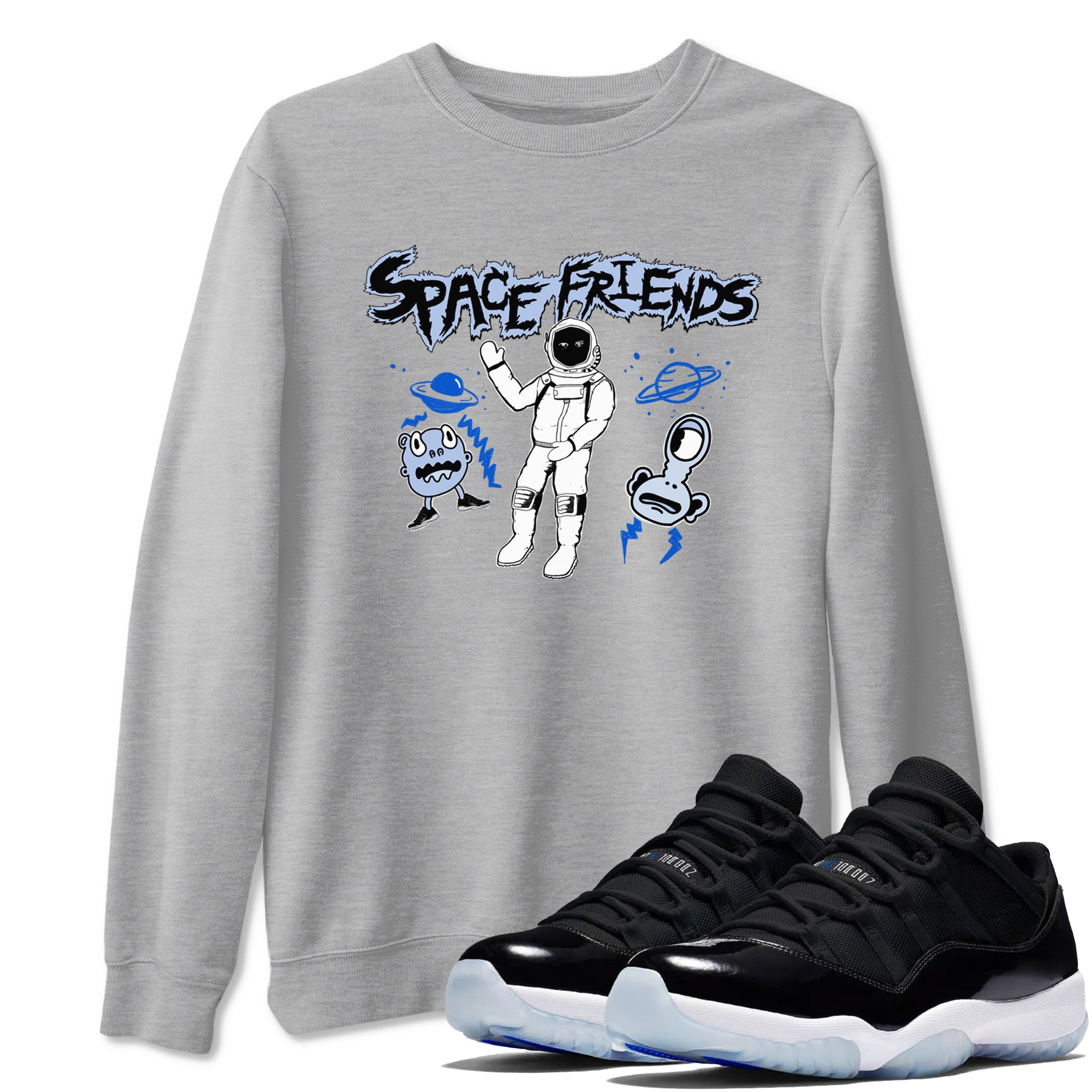 11s Black and Varsity Royal Jam shirt to match jordans Space Friends sneaker tees Air Jordan 11 Retro Space Jam Streetwear Brand SNRT Sneaker Release Tees unisex cotton Heather Grey 1 crew neck shirt