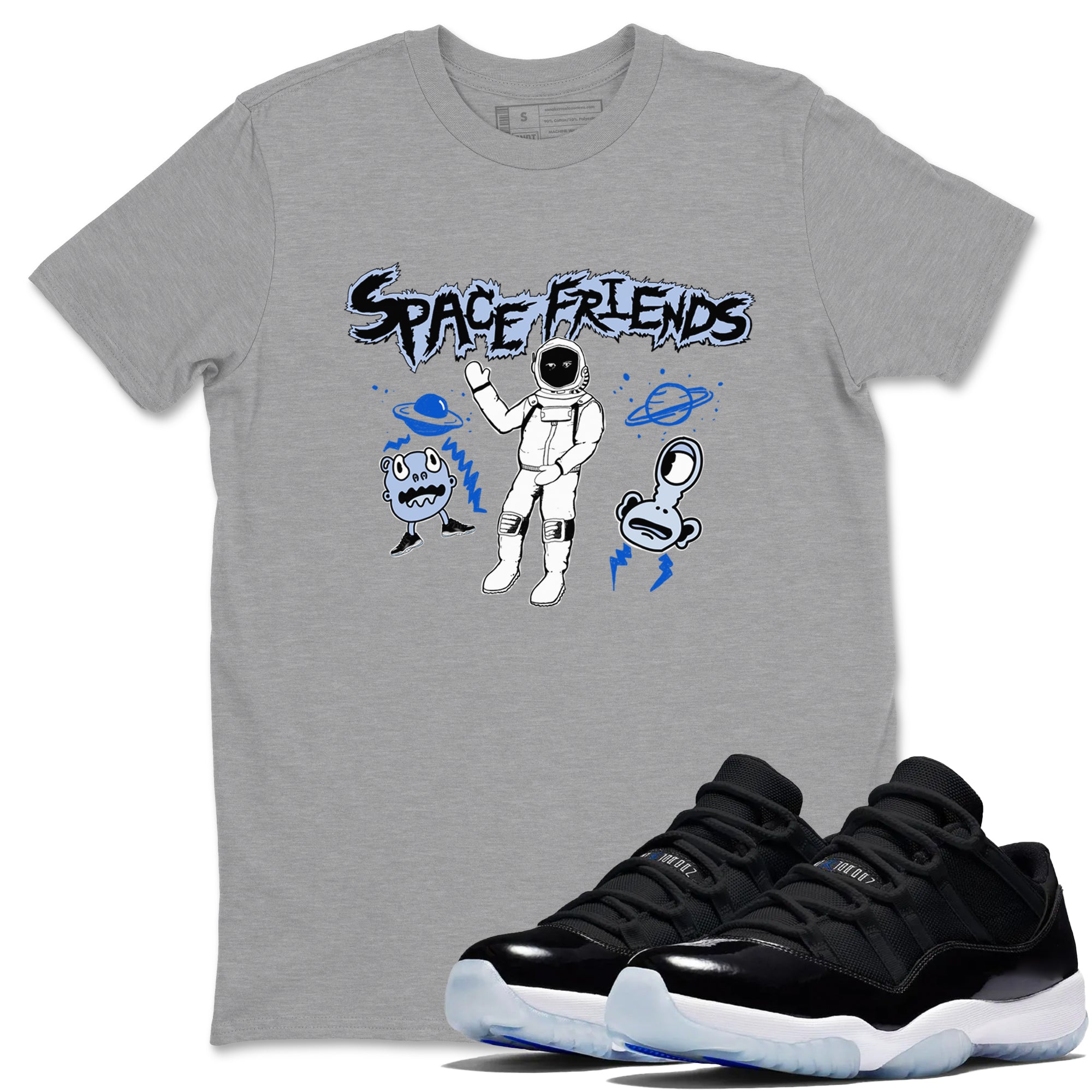 11s Black and Varsity Royal Jam shirt to match jordans Space Friends sneaker tees Air Jordan 11 Retro Space Jam Streetwear Brand SNRT Sneaker Release Tees unisex cotton Heather Grey 1 crew neck shirt