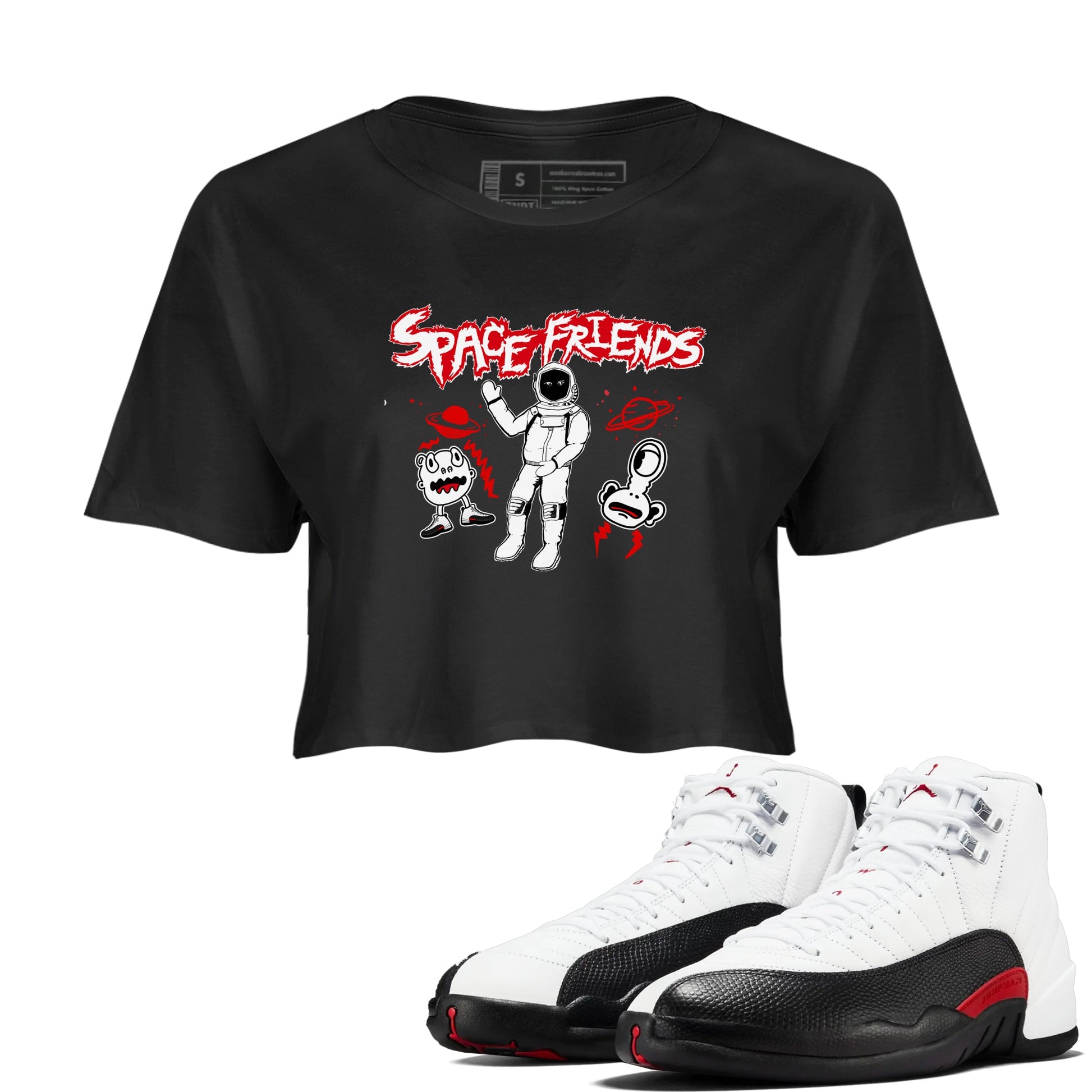 AJ12 Taxi Flip shirt to match jordans Space Friends sneaker tees Air Jordan 12 Taxi Flip SNRT Sneaker Release Tees Black 1 crop length shirt