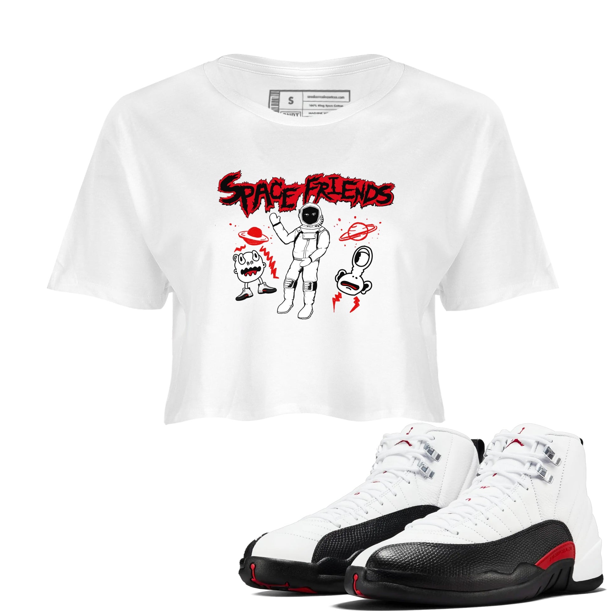 AJ12 Taxi Flip shirt to match jordans Space Friends sneaker tees Air Jordan 12 Taxi Flip SNRT Sneaker Release Tees White 1 crop length shirt