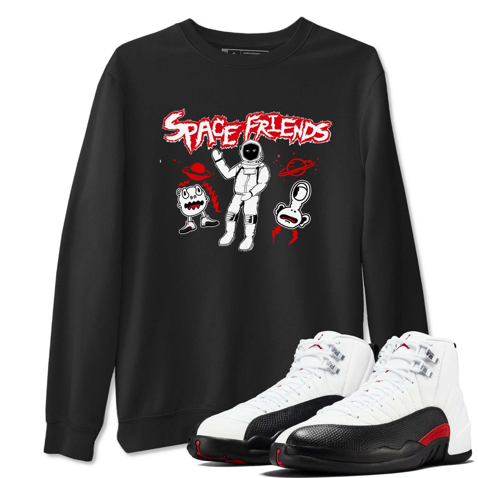 AJ12 Taxi Flip shirt to match jordans Space Friends sneaker tees Air Jordan 12 Taxi Flip SNRT Sneaker Release Tees unisex cotton Black 1 crew neck shirt