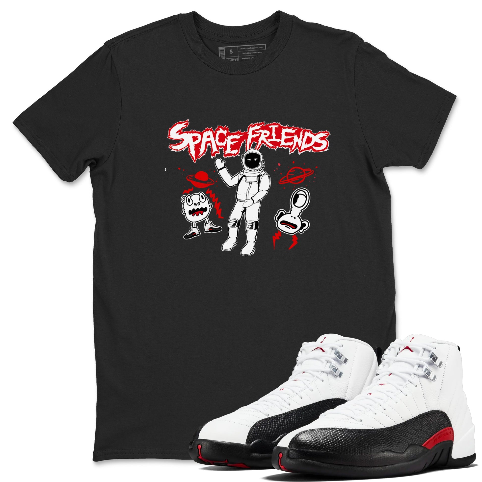 AJ12 Taxi Flip shirt to match jordans Space Friends sneaker tees Air Jordan 12 Taxi Flip SNRT Sneaker Release Tees unisex cotton Black 1 crew neck shirt