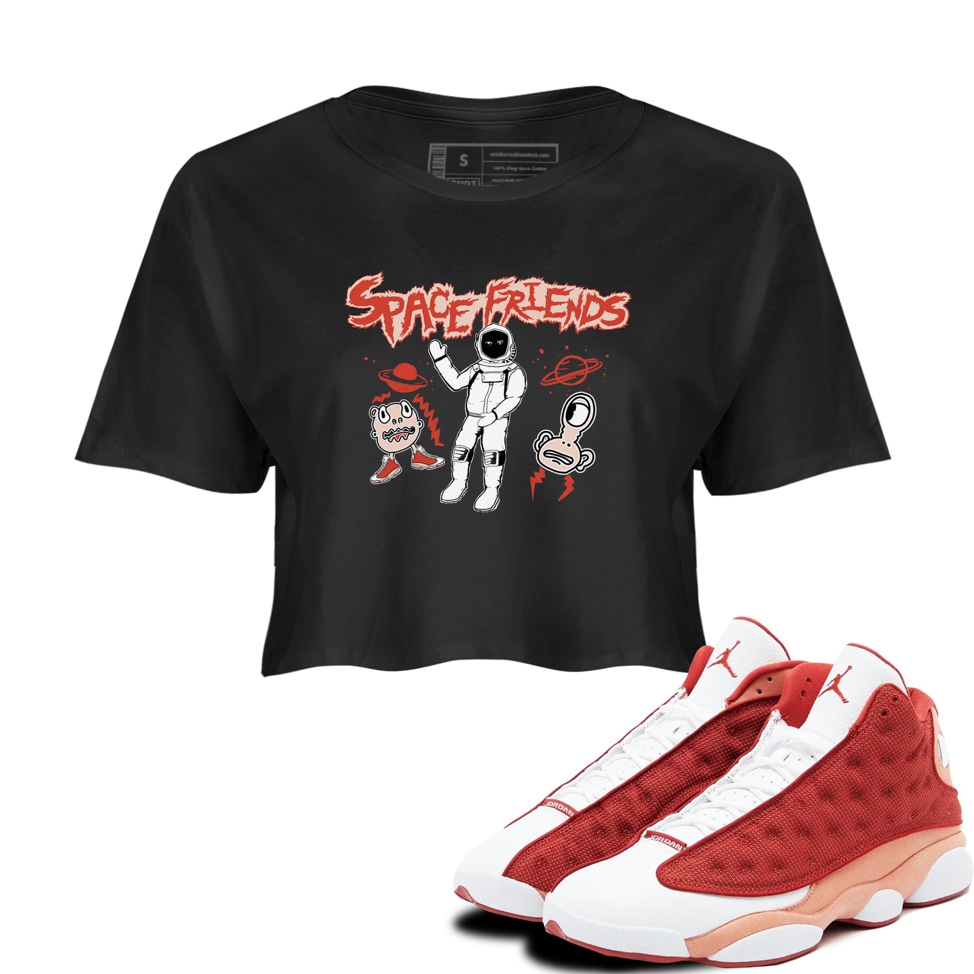 AJ13 Dune Red shirts to match jordans Space Friends sneaker match tees Air Jordan 13 Dune Red SNRT Sneaker Tees streetwear brand Black 1 crop tee