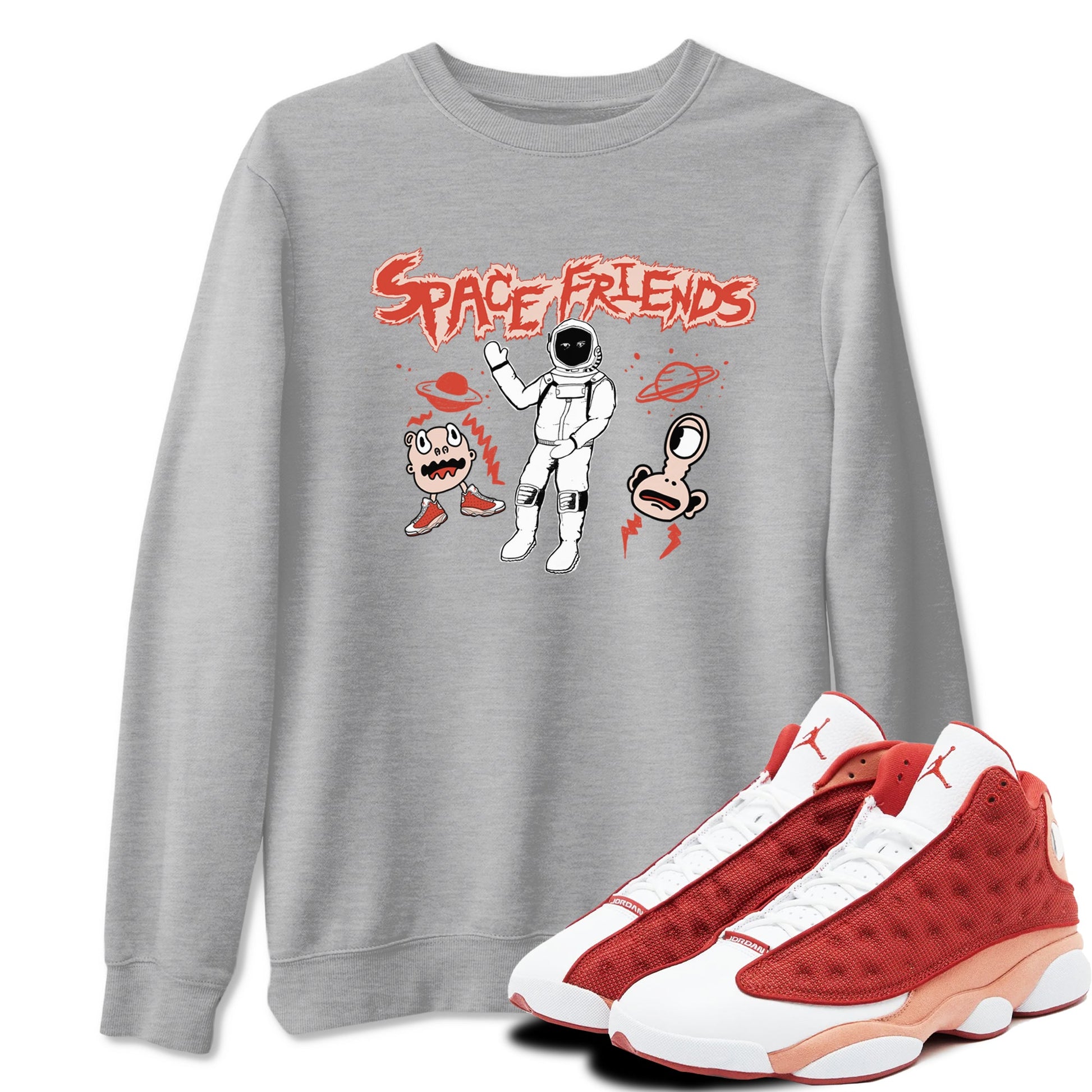 AJ13 Dune Red shirts to match jordans Space Friends sneaker match tees Air Jordan 13 Dune Red SNRT Sneaker Tees streetwear brand Heather Grey 1 unisex cotton tee