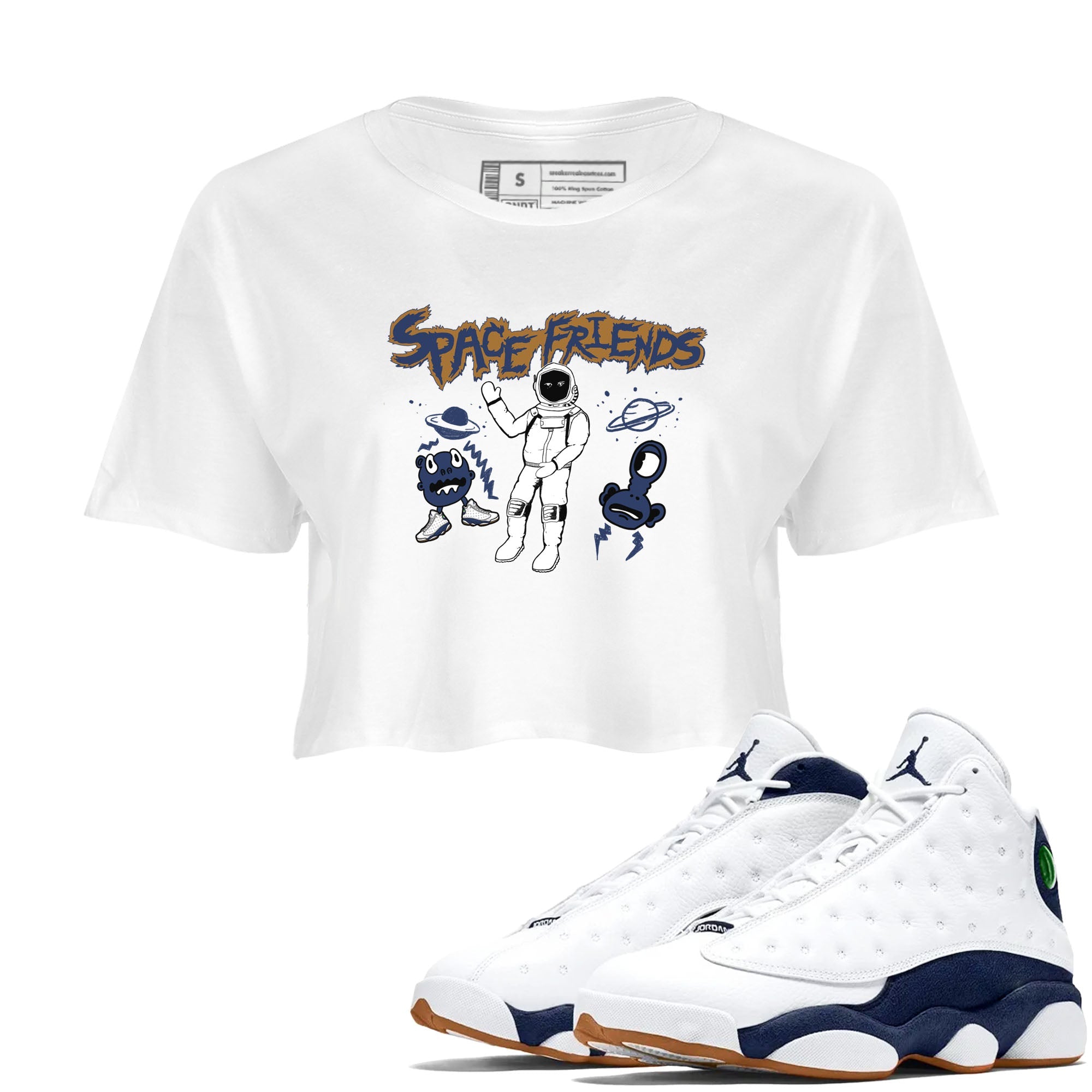 13s Midnight Navy shirts to match jordans Space Friends sneaker match tees Air Jordan 13 Midnight Navy SNRT Sneaker Release Tees unisex cotton White 1 Crop Shirts
