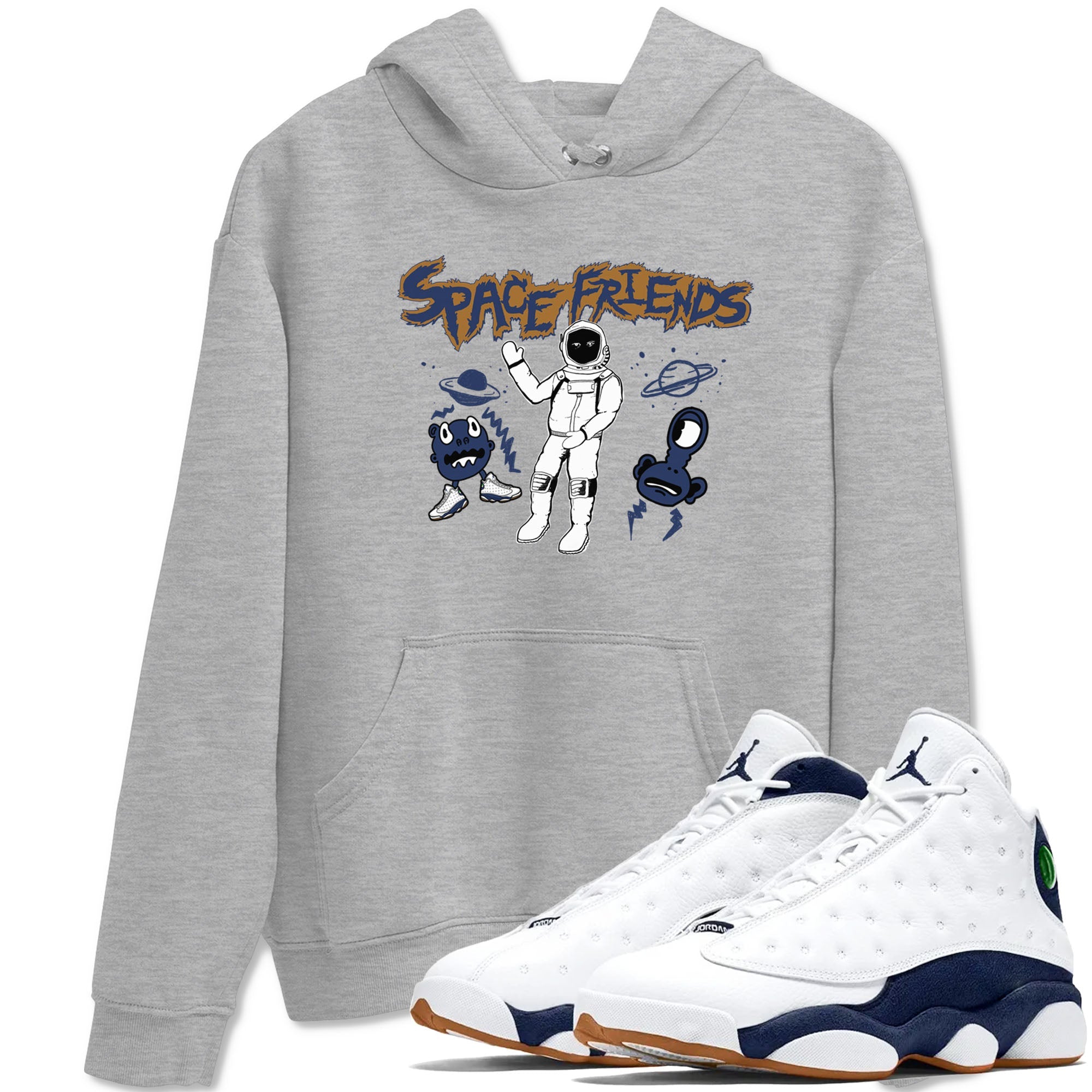 13s Midnight Navy shirts to match jordans Space Friends sneaker match tees Air Jordan 13 Midnight Navy SNRT Sneaker Release Tees unisex cotton Heather Grey 1 crew neck shirts