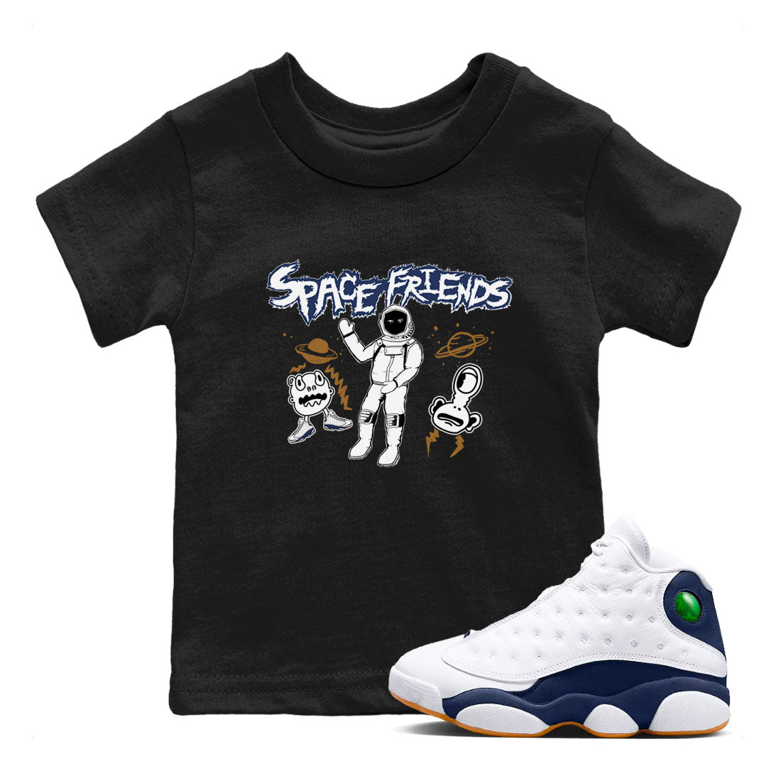 13s Midnight Navy shirts to match jordans Space Friends sneaker match tees Air Jordan 13 Midnight Navy SNRT Sneaker Release Tees Youth Baby Black 1 crew neck shirts