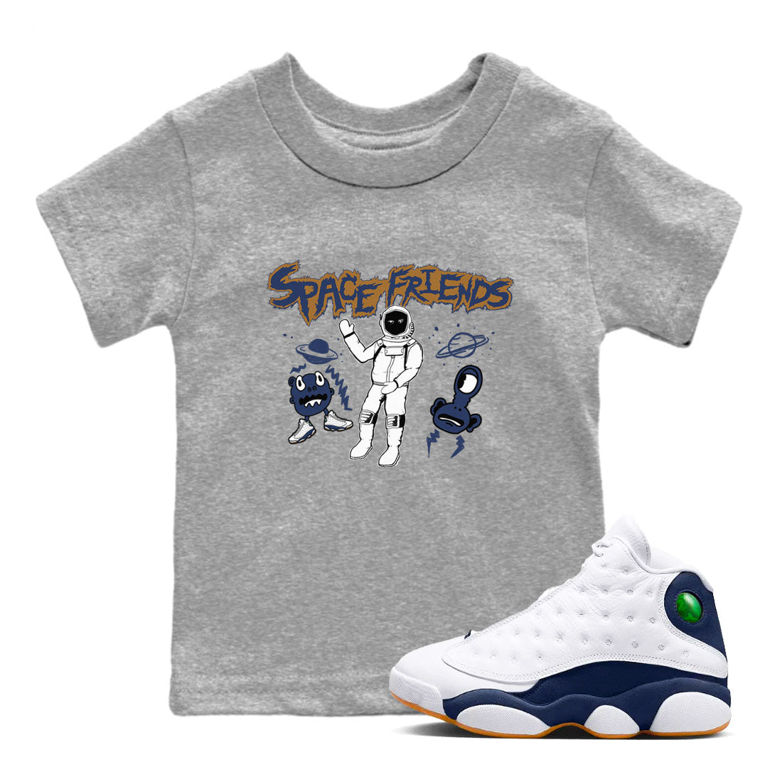 13s Midnight Navy shirts to match jordans Space Friends sneaker match tees Air Jordan 13 Midnight Navy SNRT Sneaker Release Tees Youth Baby Heather Grey 1 crew neck shirts