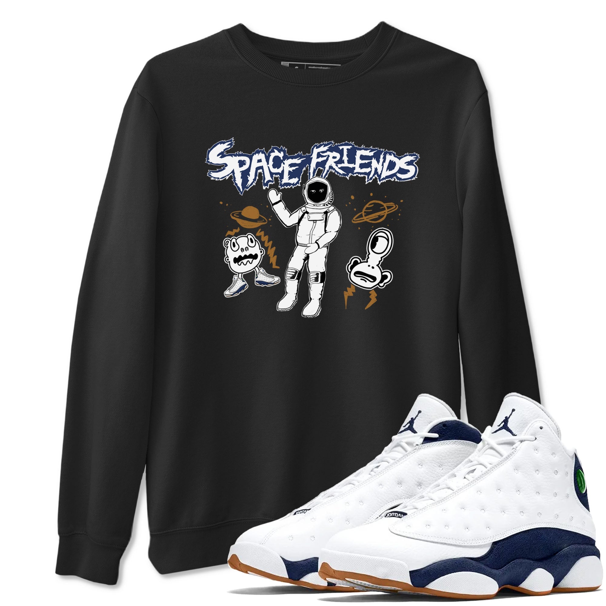 13s Midnight Navy shirts to match jordans Space Friends sneaker match tees Air Jordan 13 Midnight Navy SNRT Sneaker Release Tees unisex cotton Black 1 crew neck shirts