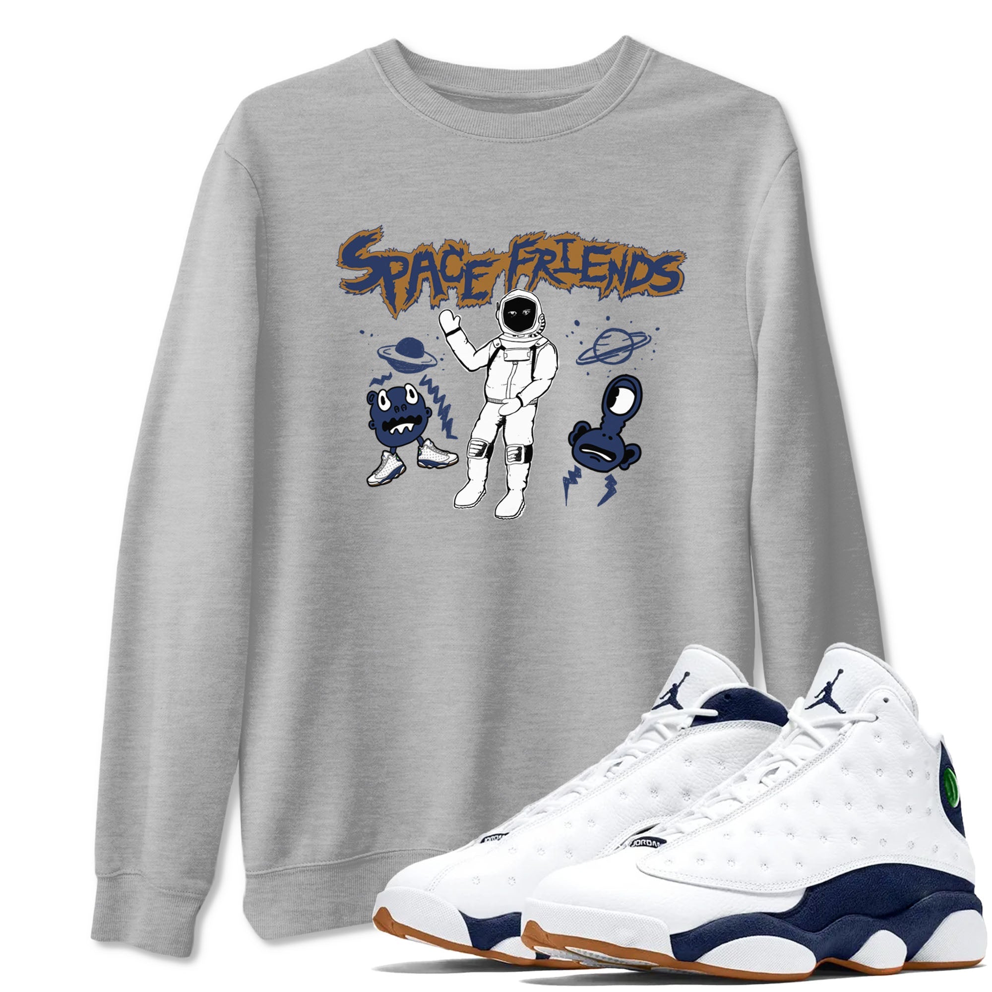 13s Midnight Navy shirts to match jordans Space Friends sneaker match tees Air Jordan 13 Midnight Navy SNRT Sneaker Release Tees unisex cotton Heather Grey 1 crew neck shirts