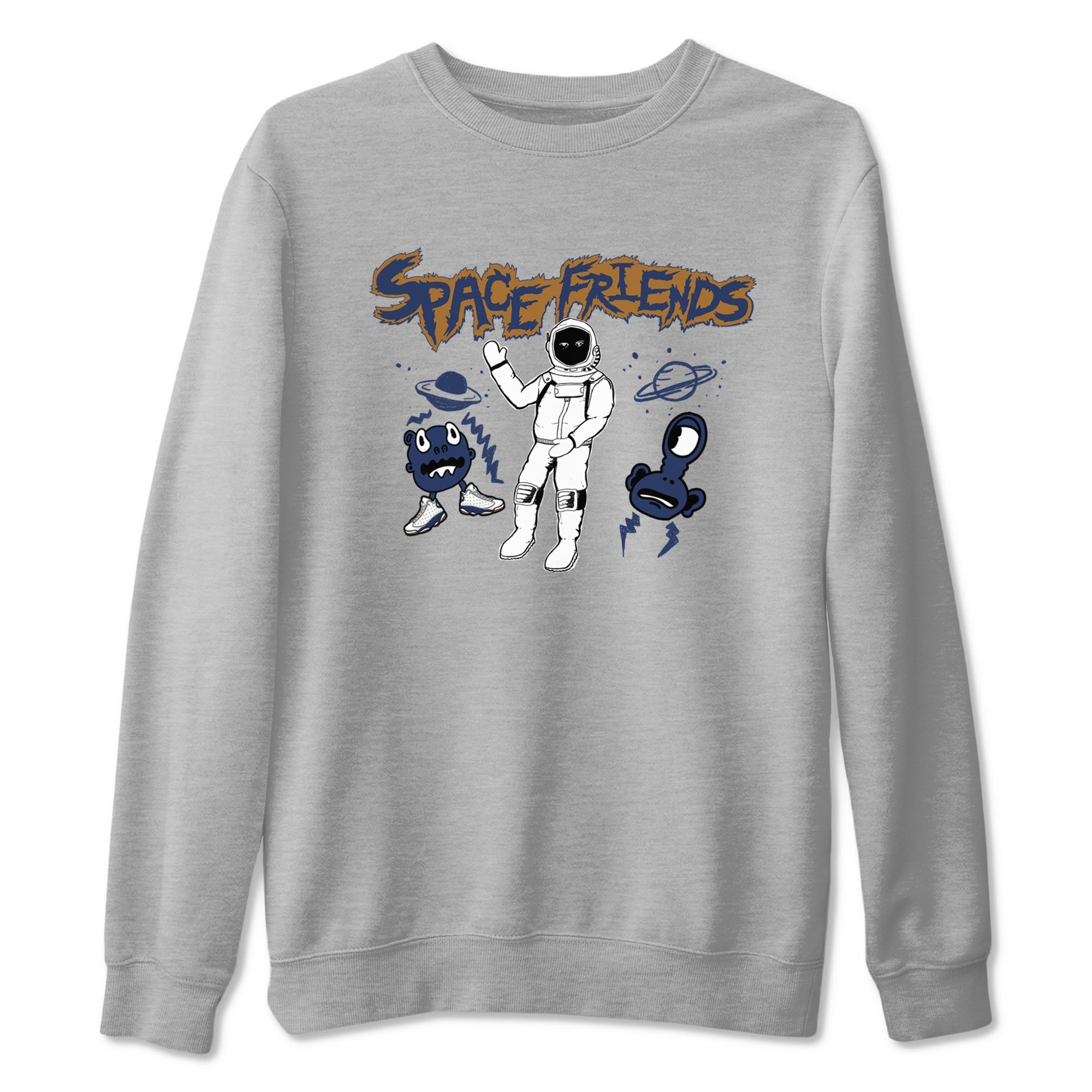 13s Midnight Navy shirts to match jordans Space Friends sneaker match tees Air Jordan 13 Midnight Navy SNRT Sneaker Release Tees unisex cotton Heather Grey 2 crew neck shirts
