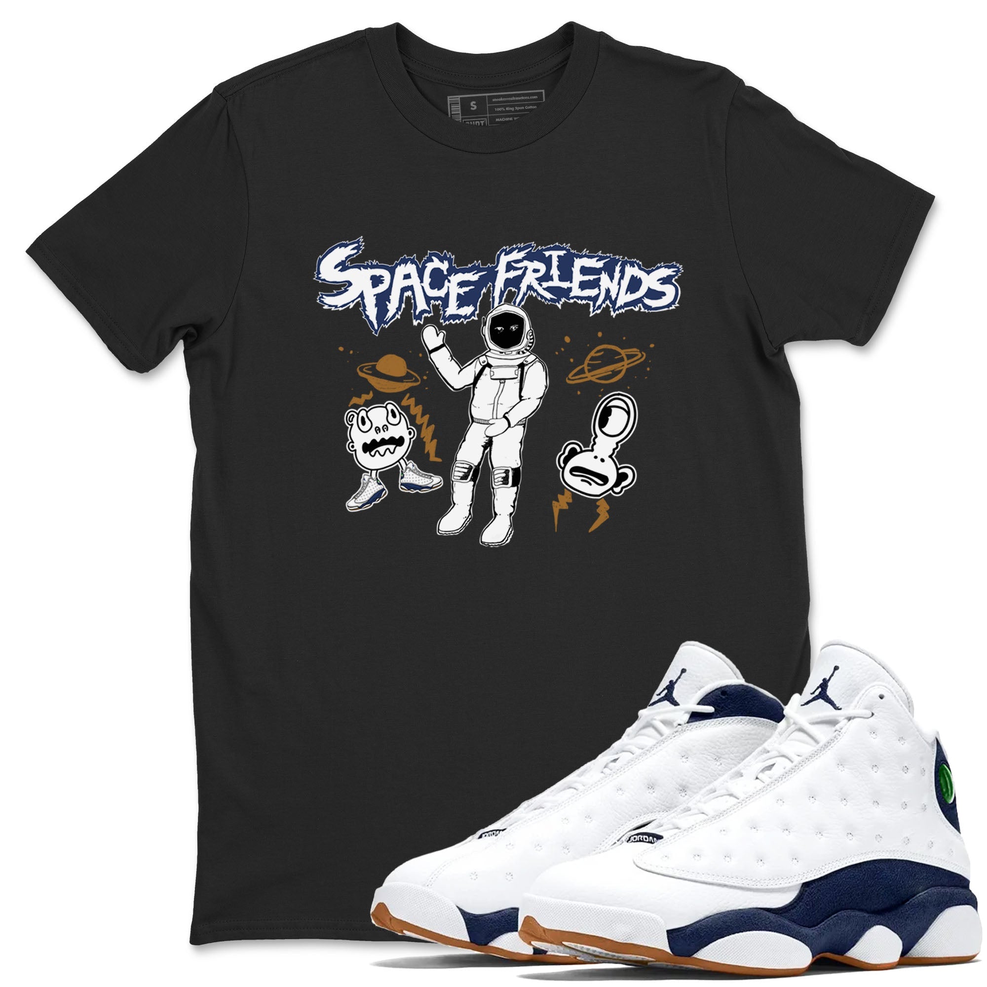 13s Midnight Navy shirts to match jordans Space Friends sneaker match tees Air Jordan 13 Midnight Navy SNRT Sneaker Release Tees unisex cotton Black 1 crew neck shirts