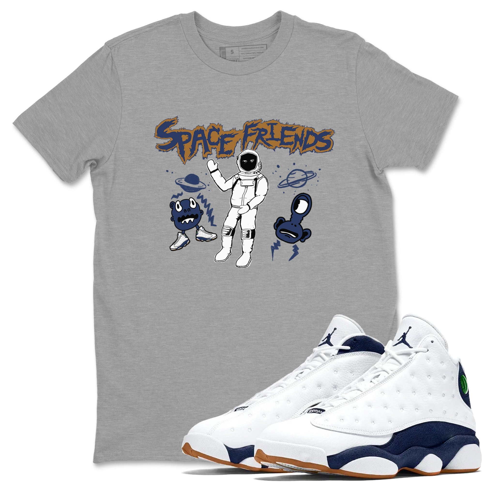 13s Midnight Navy shirts to match jordans Space Friends sneaker match tees Air Jordan 13 Midnight Navy SNRT Sneaker Release Tees unisex cotton Heather Grey 1 crew neck shirts