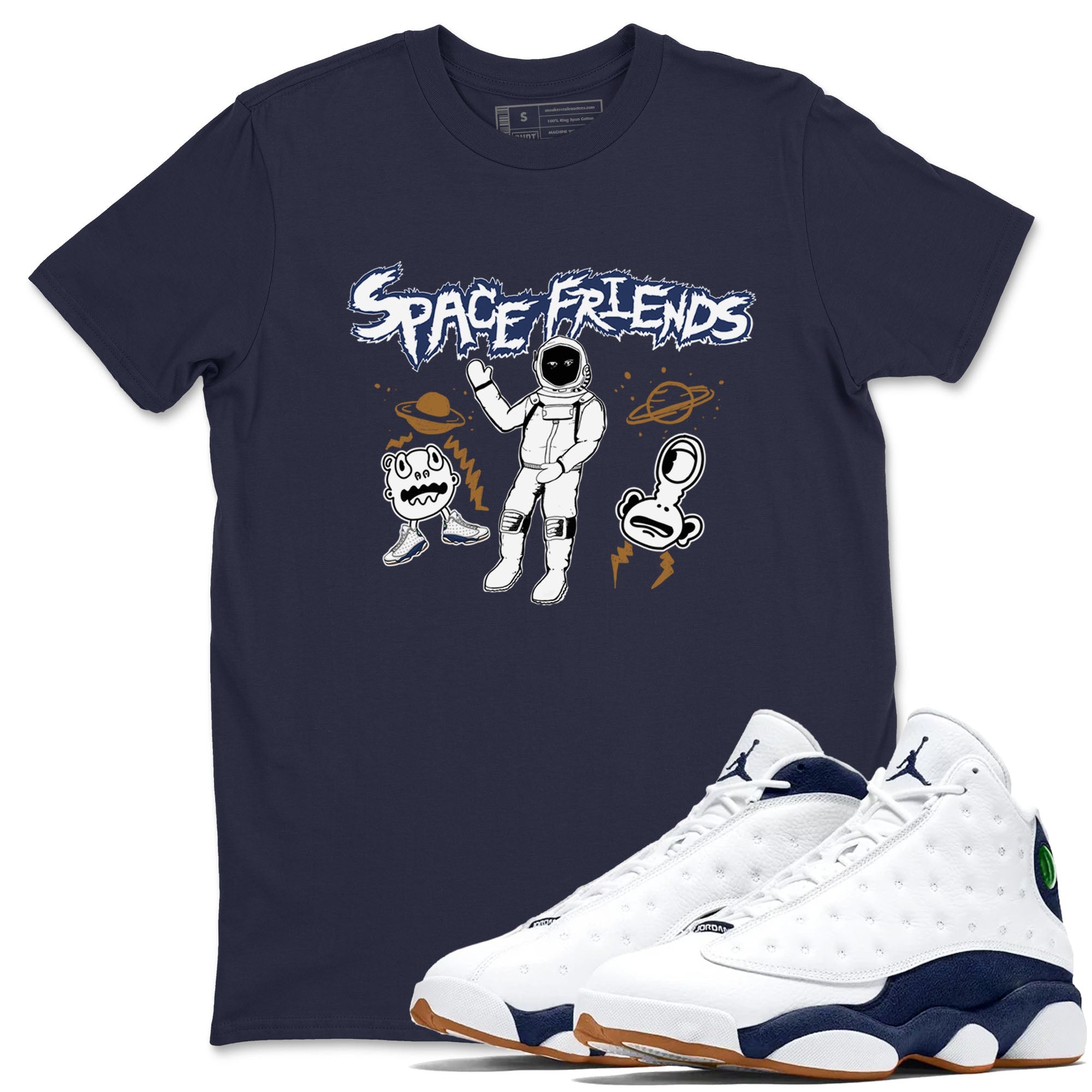 13s Midnight Navy shirts to match jordans Space Friends sneaker match tees Air Jordan 13 Midnight Navy SNRT Sneaker Release Tees unisex cotton Navy 1 crew neck shirts