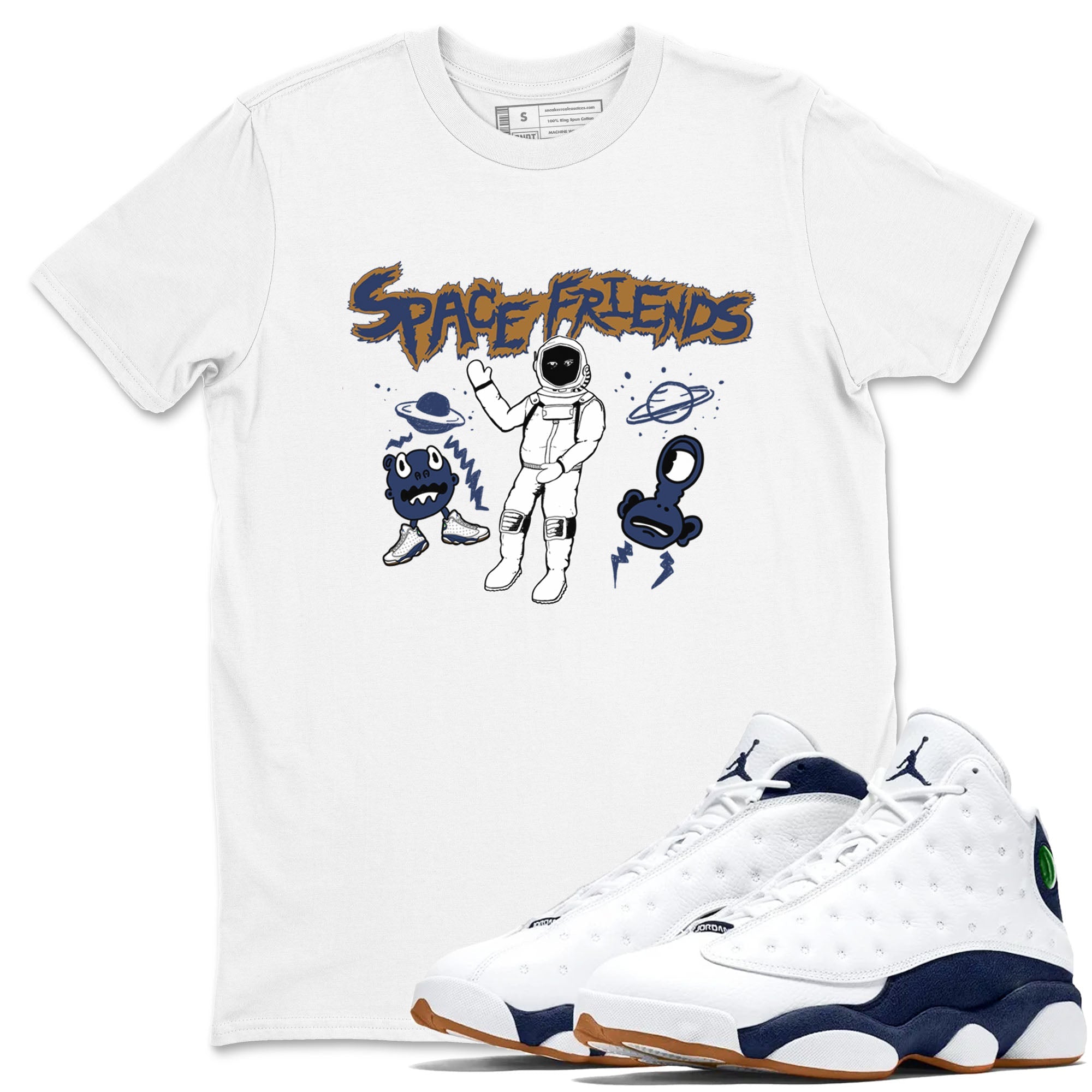 13s Midnight Navy shirts to match jordans Space Friends sneaker match tees Air Jordan 13 Midnight Navy SNRT Sneaker Release Tees unisex cotton White 1 crew neck shirts