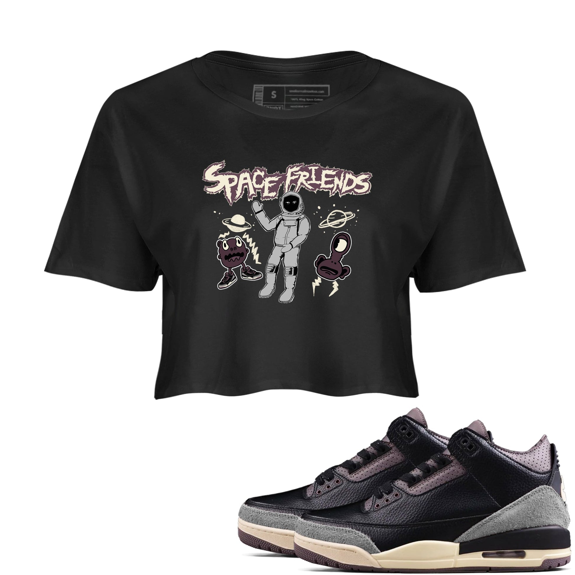 3s A Ma Maniere x Black shirts to match jordans Space Friends sneaker match tees A Ma Maniere x Air Jordan 3 “Black” SNRT Sneaker Tees streetwear brand Black 1 crop tee