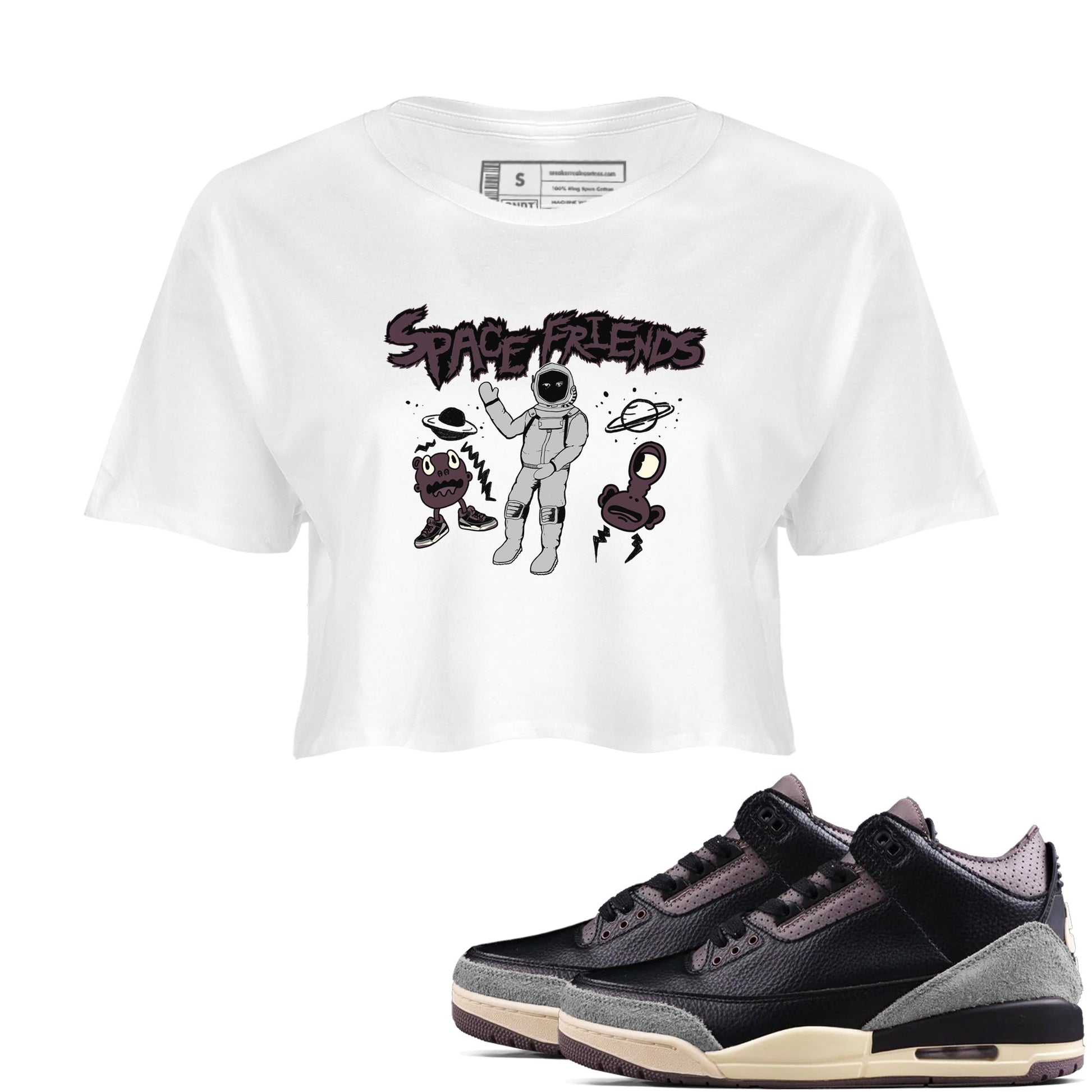 3s A Ma Maniere x Black shirts to match jordans Space Friends sneaker match tees A Ma Maniere x Air Jordan 3 “Black” SNRT Sneaker Tees streetwear brand White 1 crop tee