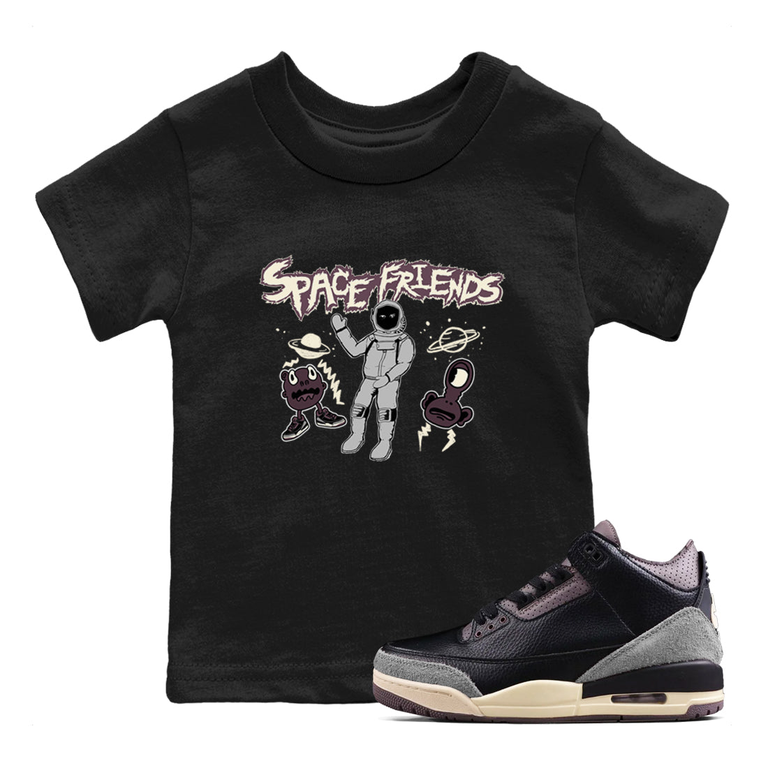 3s A Ma Maniere x Black shirts to match jordans Space Friends sneaker match tees A Ma Maniere x Air Jordan 3 “Black” SNRT Sneaker Tees streetwear brand Baby and Youth Black 1 cotton tee
