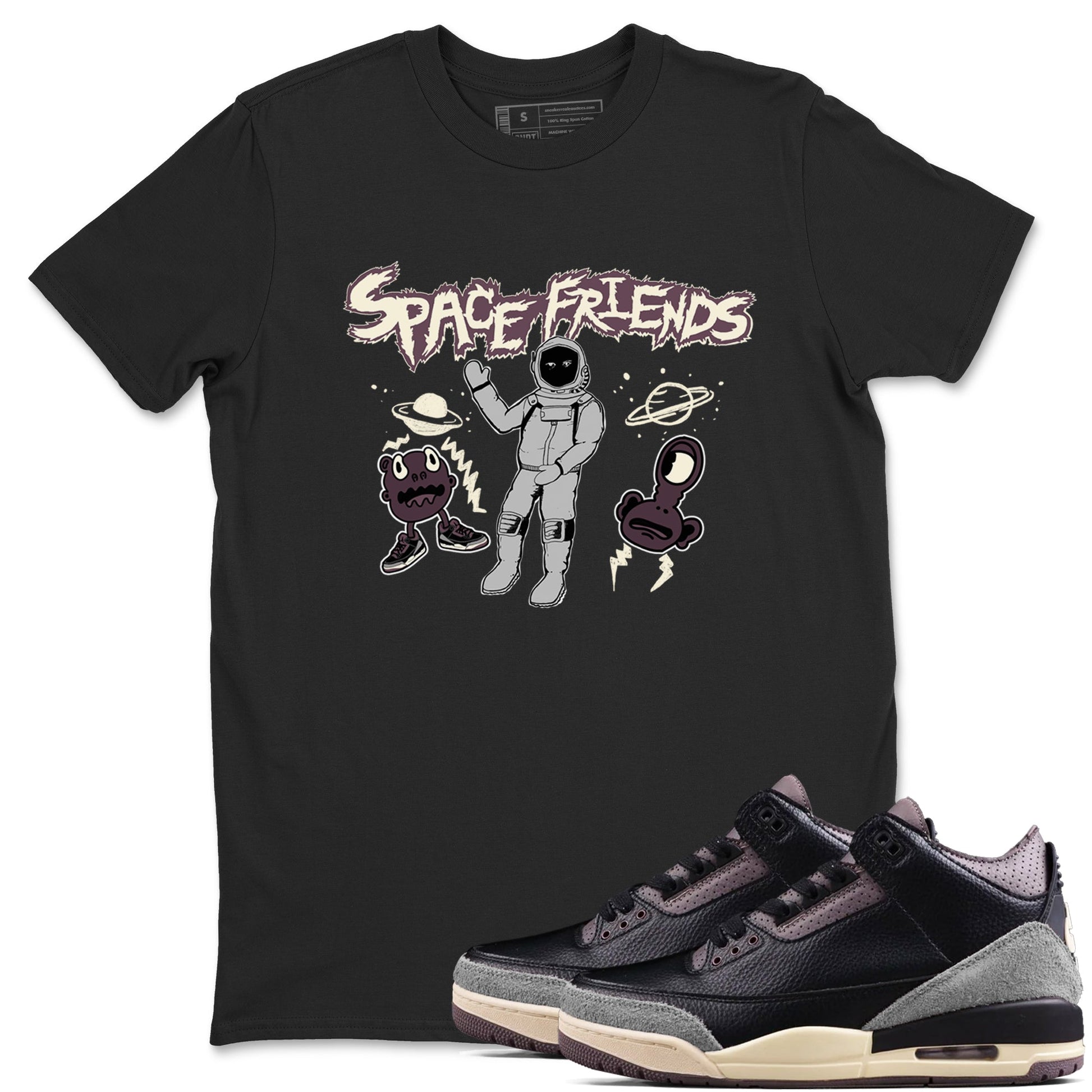 3s A Ma Maniere x Black shirts to match jordans Space Friends sneaker match tees A Ma Maniere x Air Jordan 3 “Black” SNRT Sneaker Tees streetwear brand Black 1 unisex cotton tee