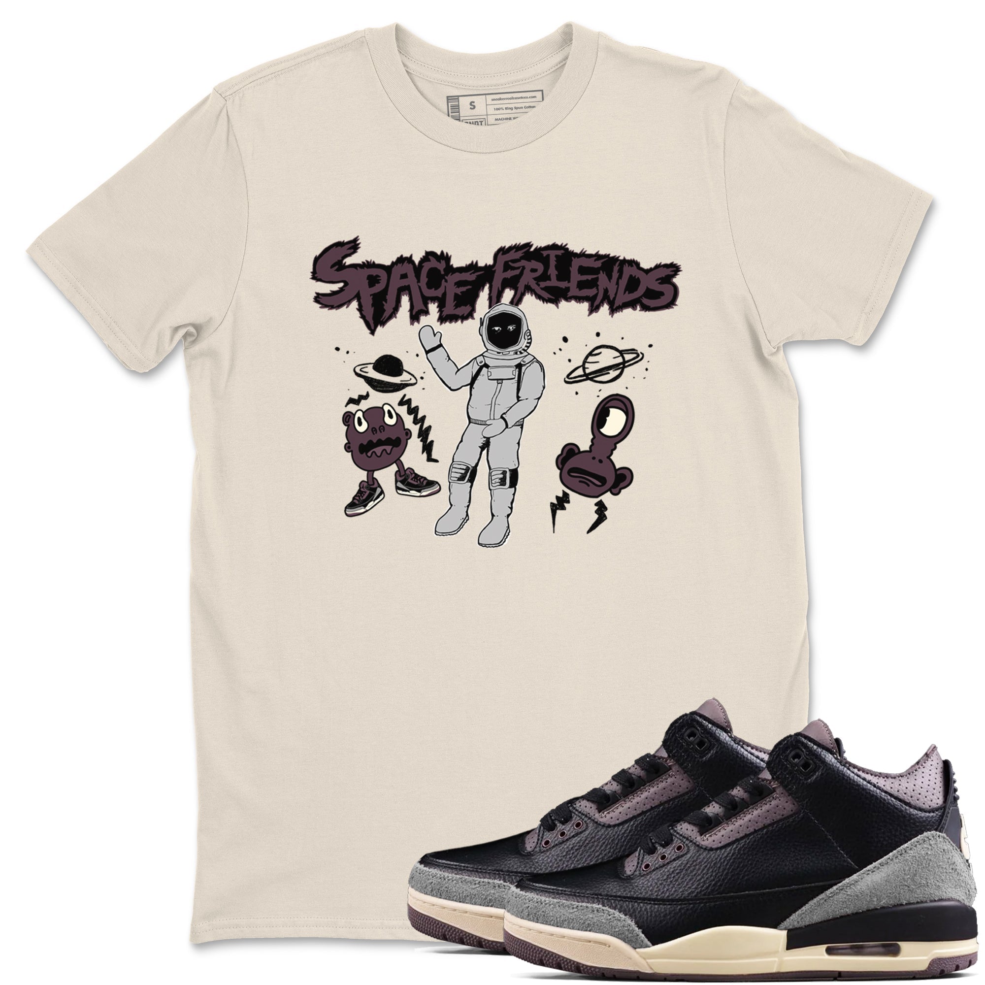 3s A Ma Maniere x Black shirts to match jordans Space Friends sneaker match tees A Ma Maniere x Air Jordan 3 “Black” SNRT Sneaker Tees streetwear brand Natural 1 unisex cotton tee