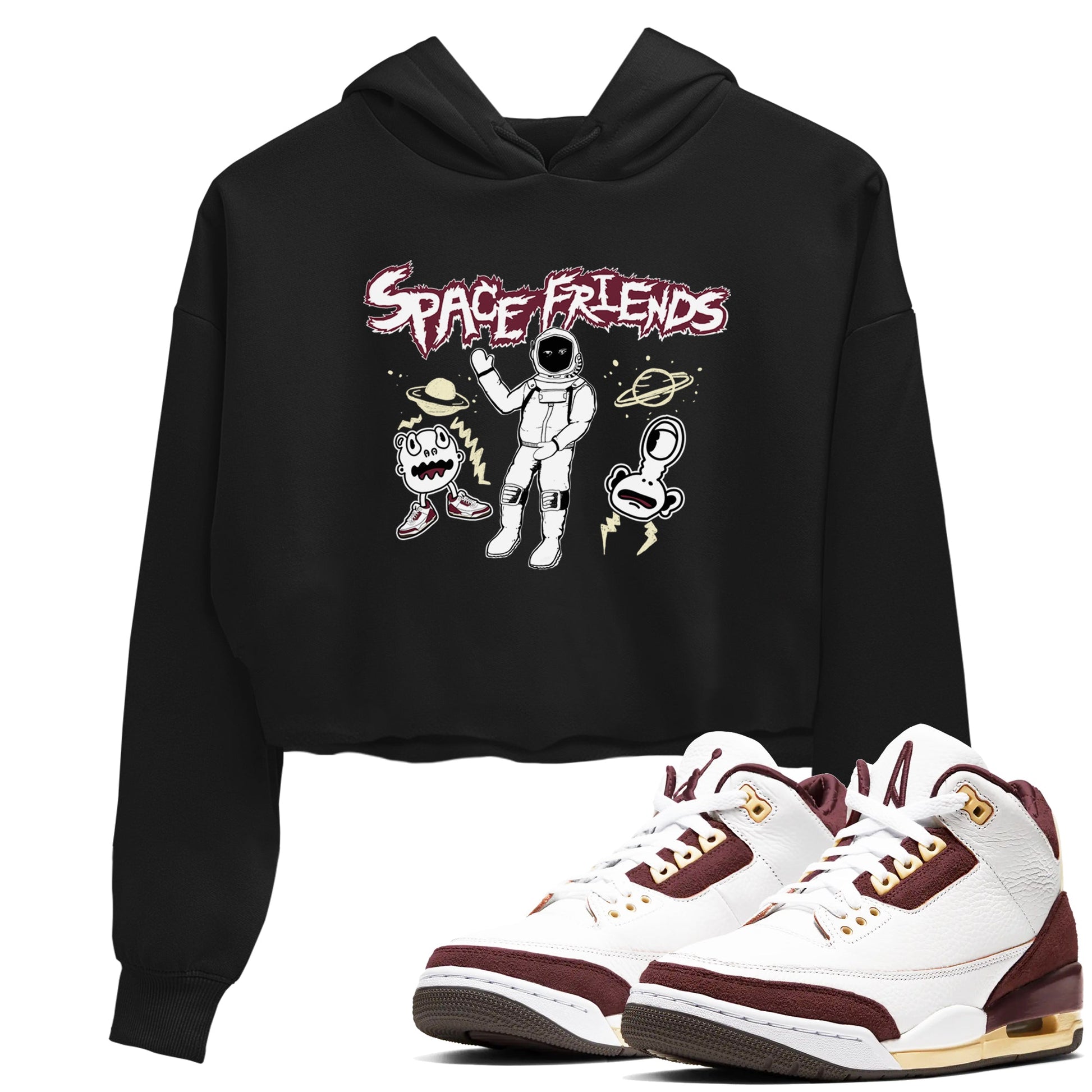 AJ3 A Ma Maniere x Burgundy Crush shirts to match jordans Space Friends sneaker match tees A Ma Maniére x Air Jordan 3 "Burgundy Crush" SNRT Sneaker Tees streetwear brand Black 2 crop tee